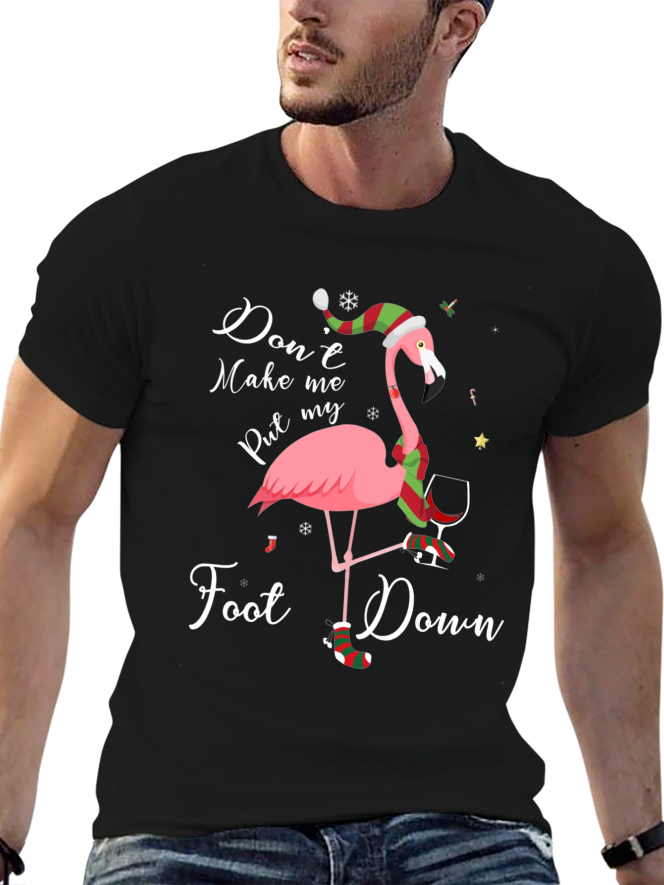 Black Funny Flamingo Christmas T-Shirt: Don't Make Me Put My Foot Down view 6