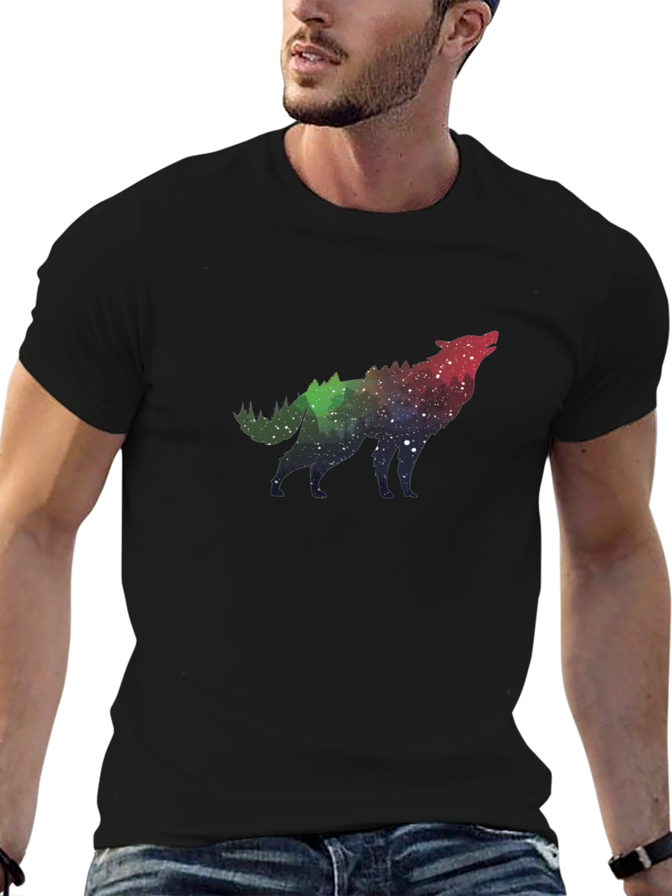 Wolf Galaxy Print Black T-Shirt - 6