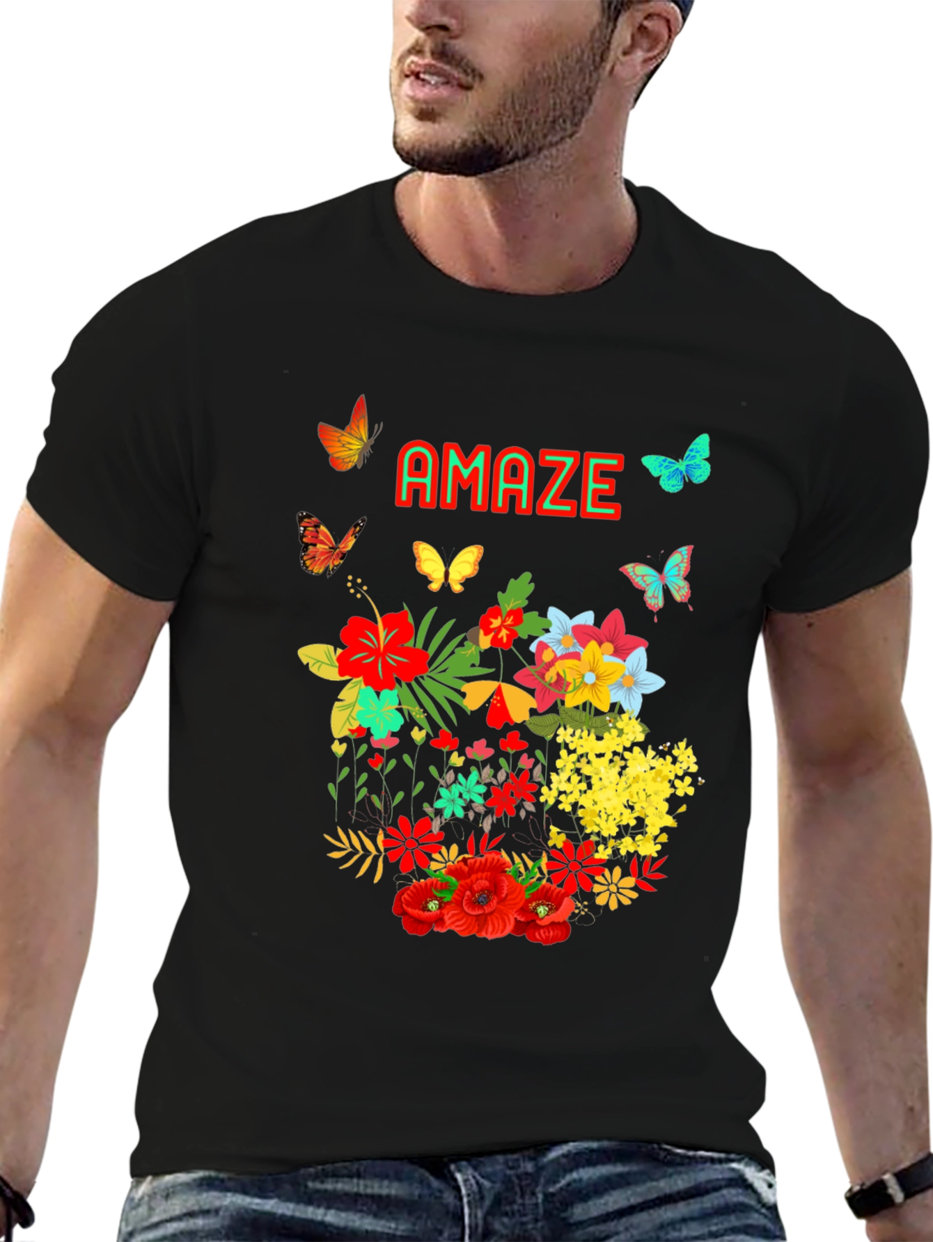 Black Amaze Floral Butterfly Graphic Tee - Men's Black T-Shirt view 6