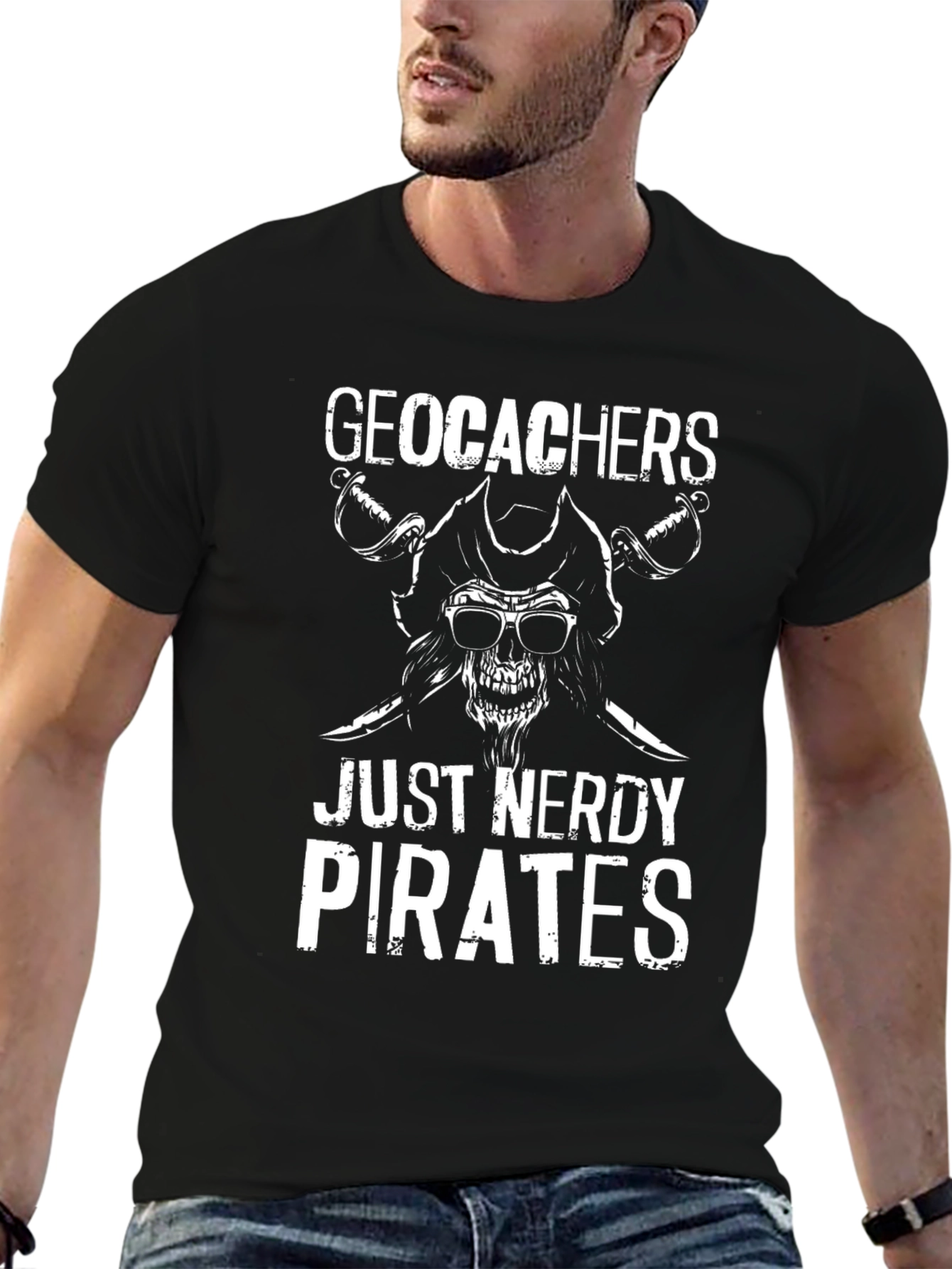 Black Geocachers Just Nerdy Pirates T-Shirt view 6