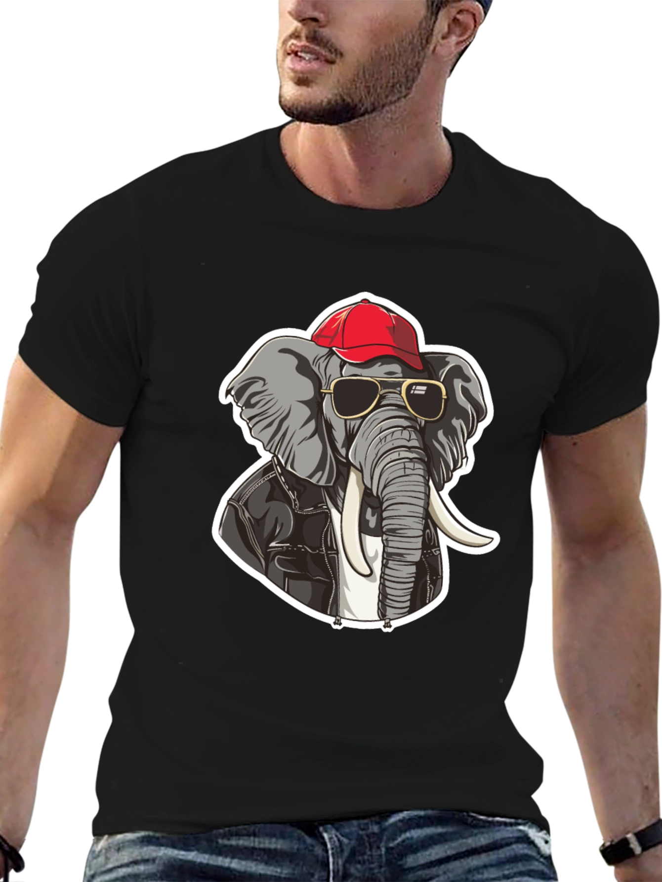 Black Cool Elephant Tee: Biker Style Cartoon Graphic T-Shirt view 6