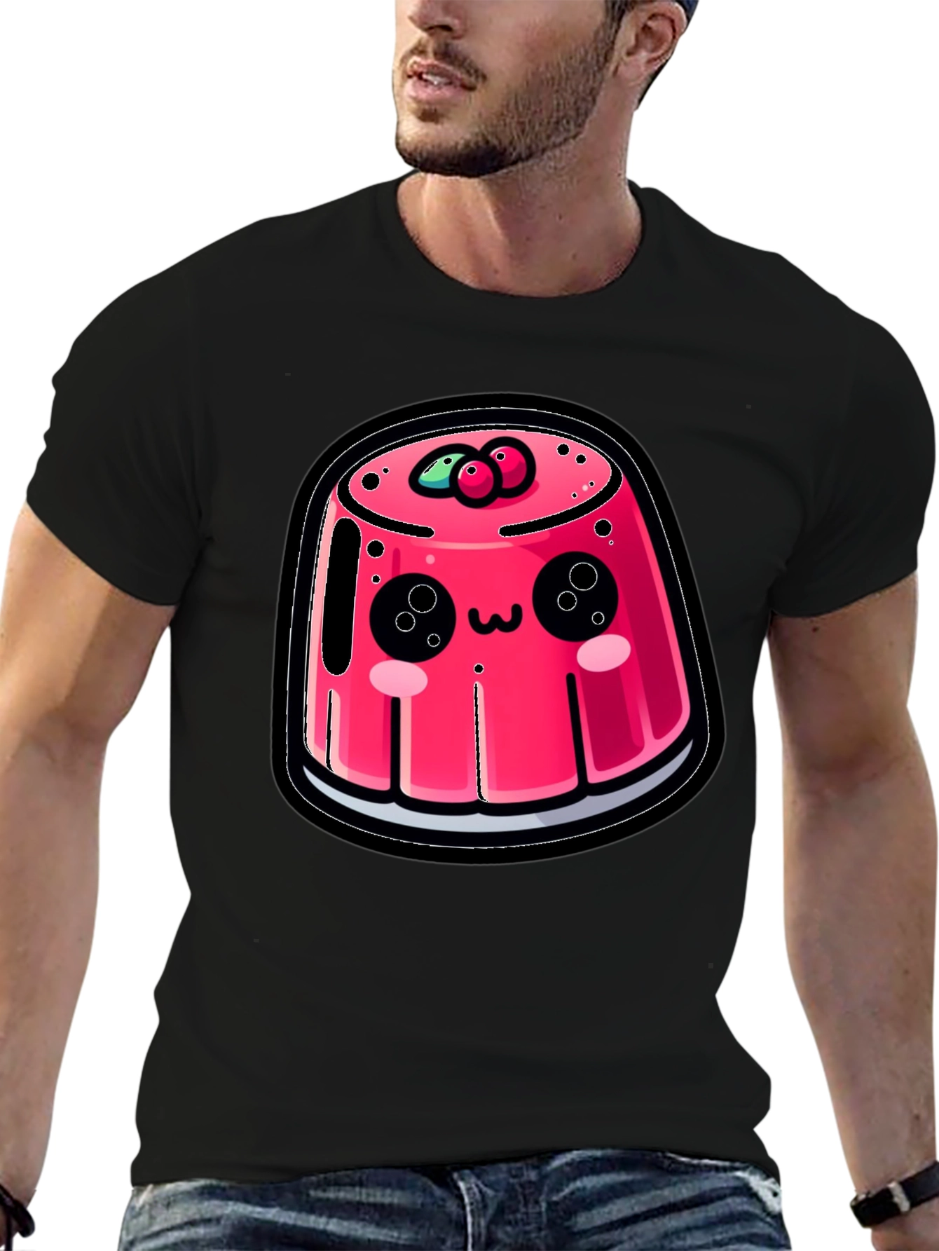 Black Cute Cartoon Pudding Black T-Shirt view 6