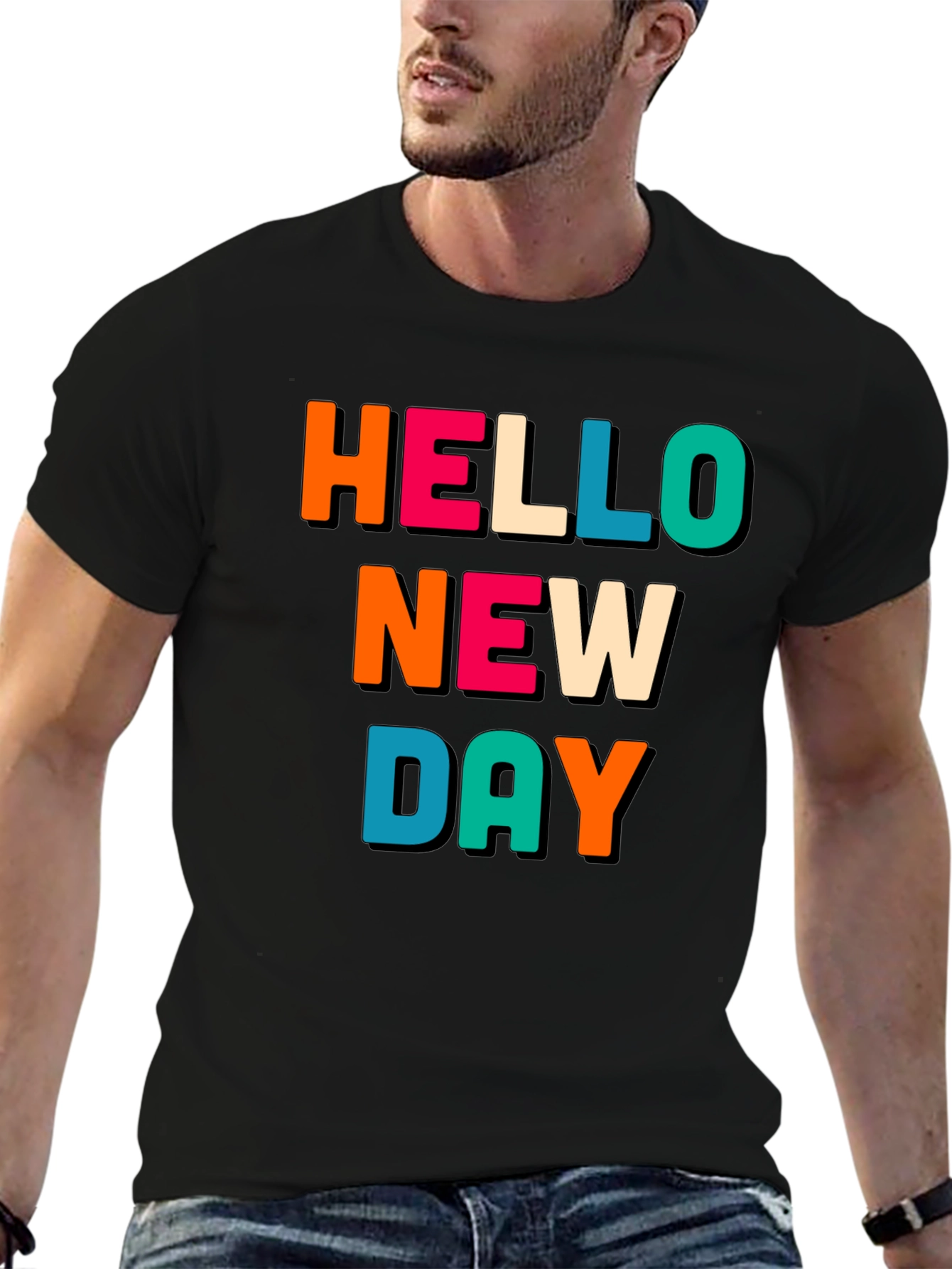 Black Hello New Day Graphic Tee - Unisex Black Cotton T-Shirt view 6