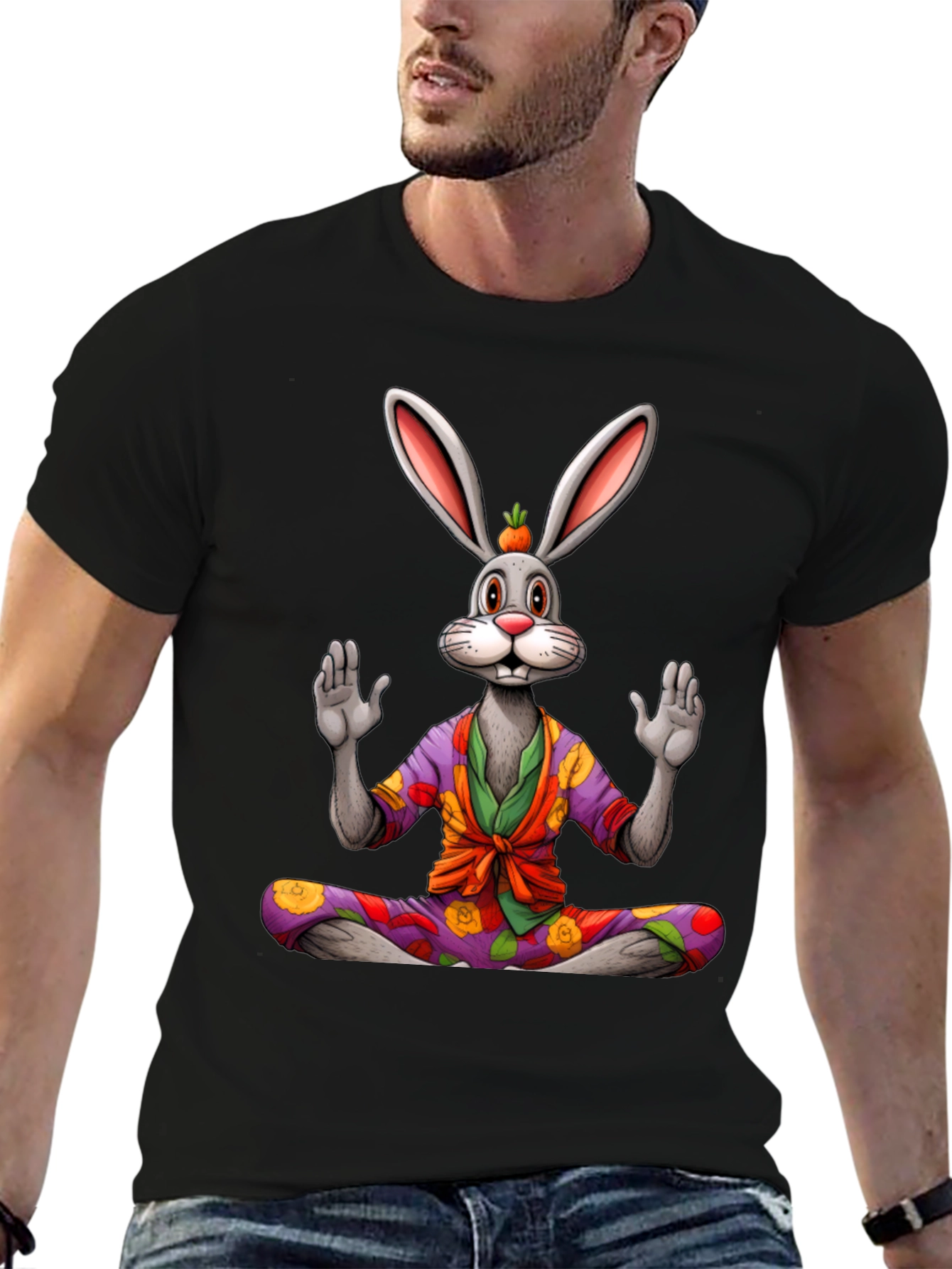 Black Zen Rabbit Graphic Tee - Meditating Hare Shirt view 6