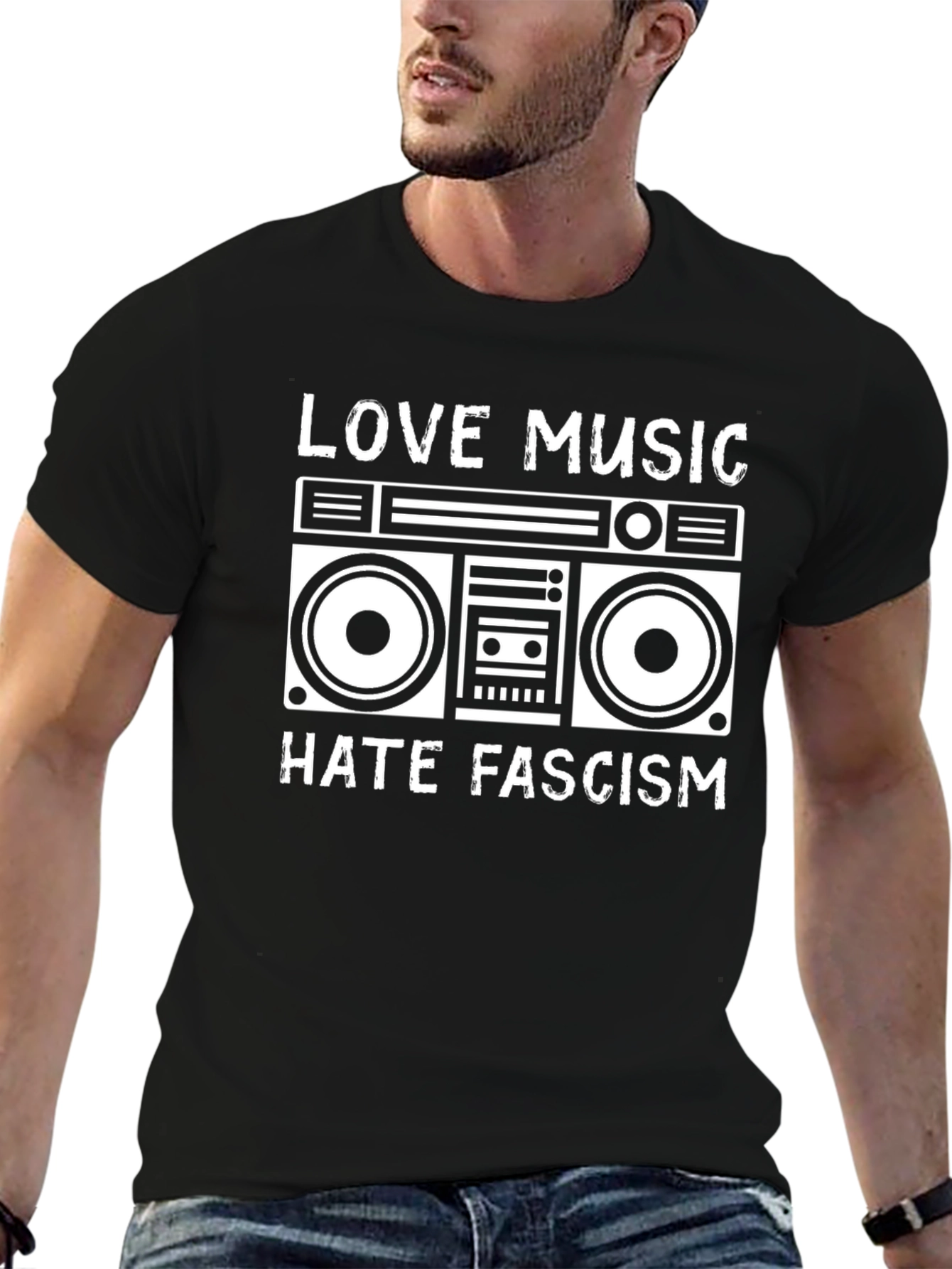 Black Love Music Hate Fascism Boombox Graphic Tee view 6