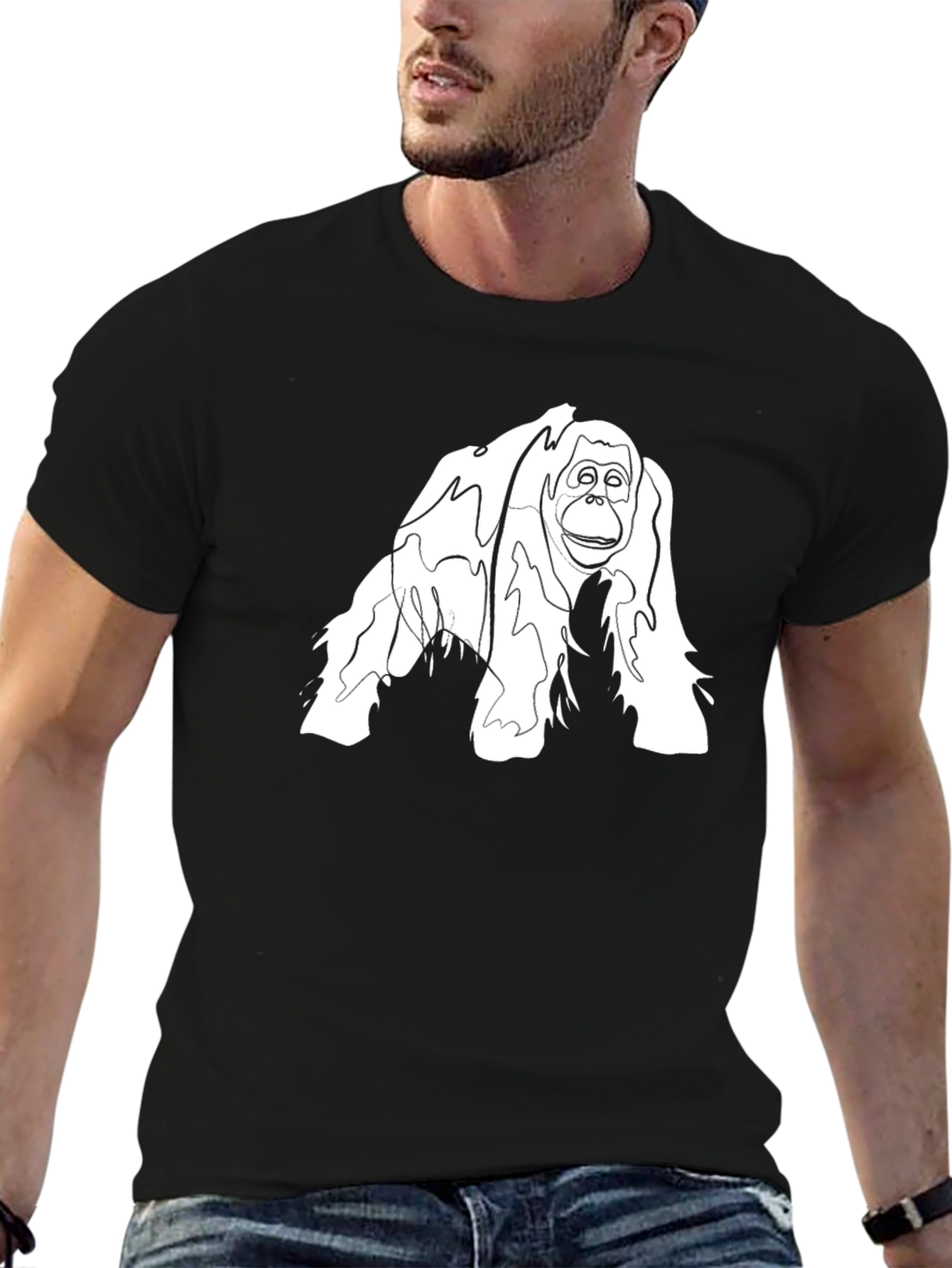 Black Orangutan Line Art Graphic Tee - Black Cotton Blend view 6