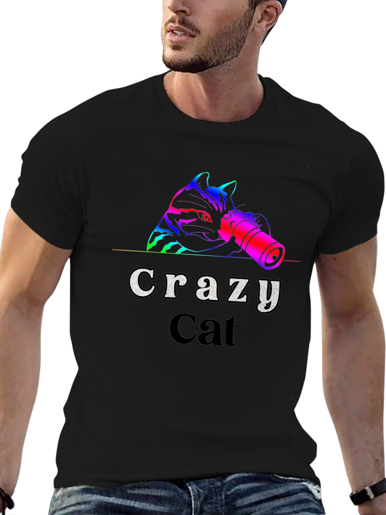 Black Crazy Cat T-Shirt - Novelty Graphic Tee view 6