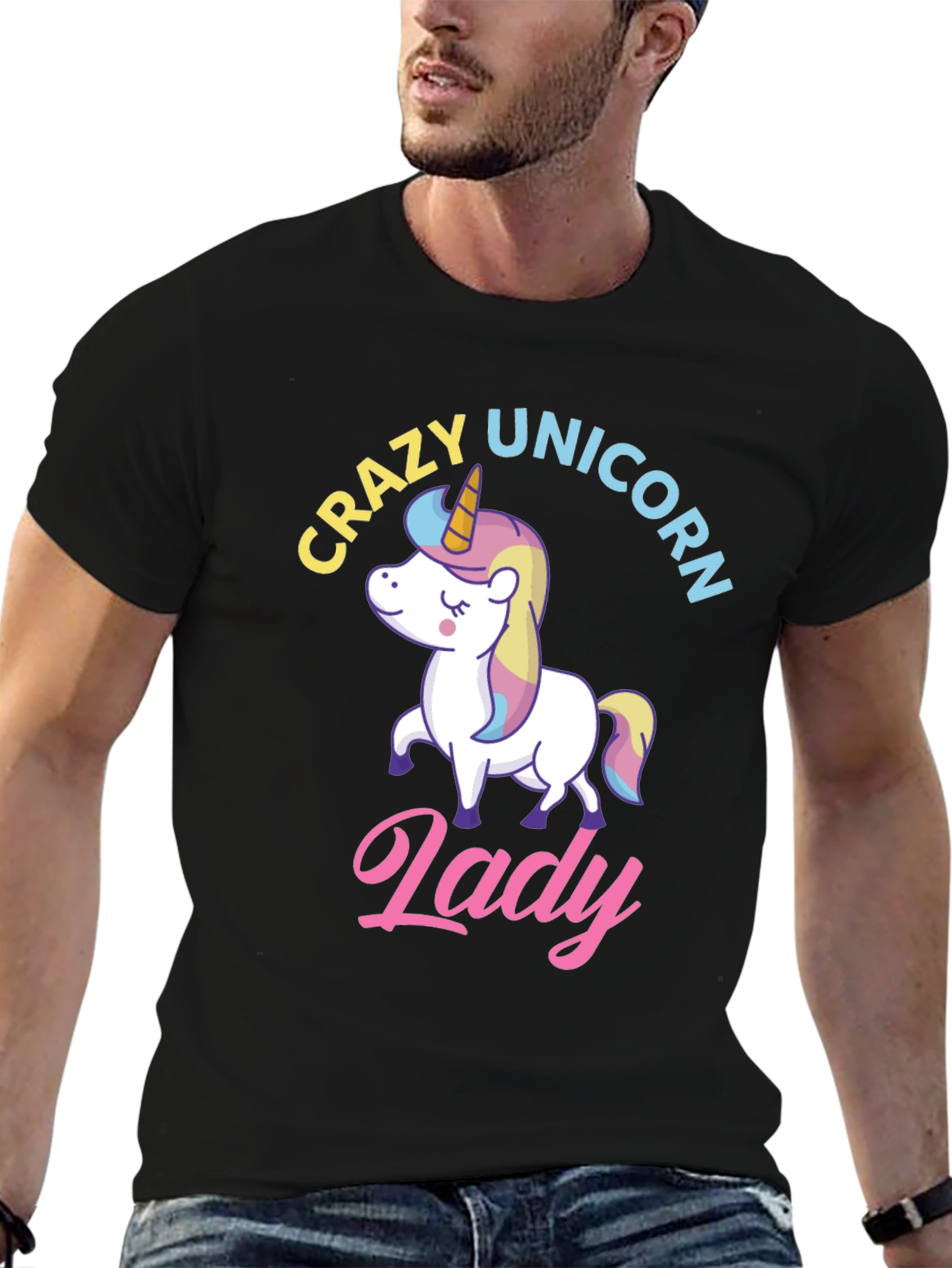 Black Crazy Unicorn Lady T-Shirt - Fun Graphic Tee view 6
