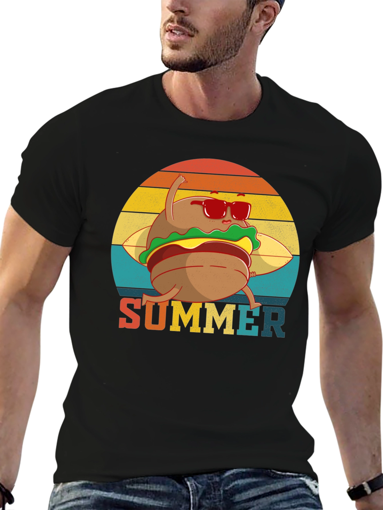 Black Summer Burger Graphic Tee - Black Cotton T-Shirt view 6