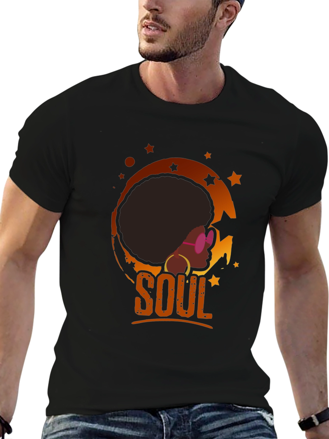 Black Soulful Afro T-Shirt - Retro Black Tee view 6