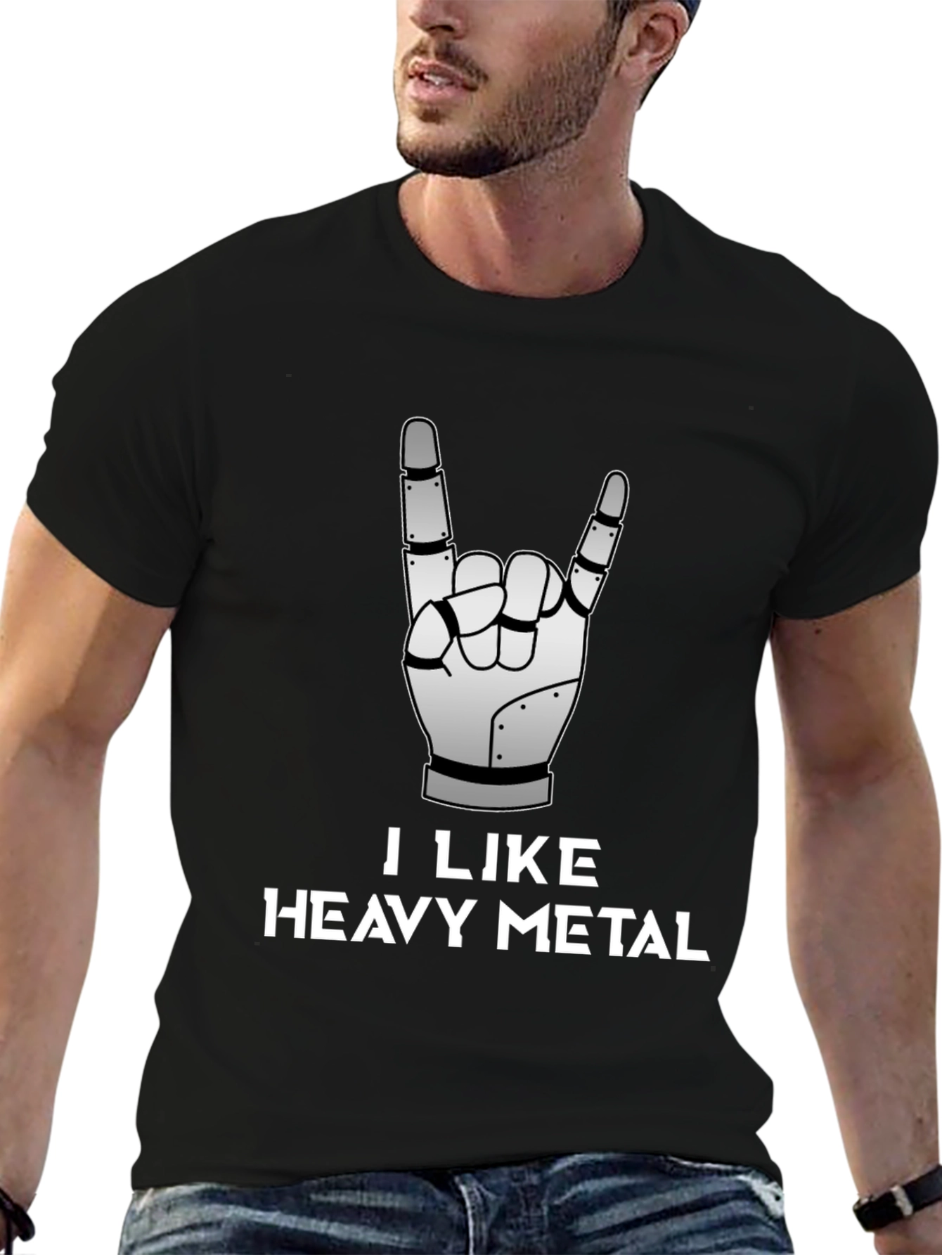 Black I Like Heavy Metal Robot Hand Graphic Tee view 6