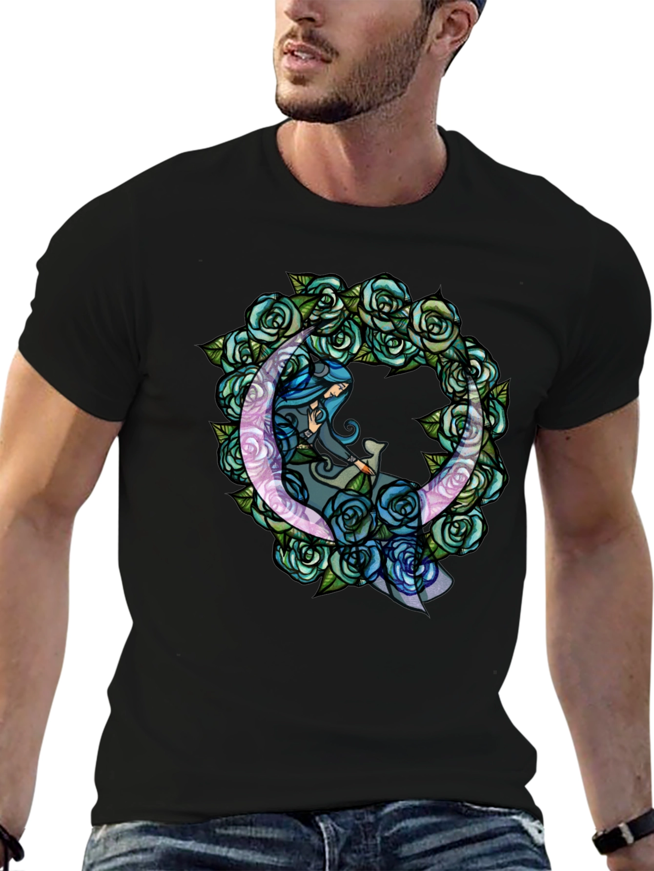 Black Mystic Moon & Roses Graphic T-Shirt - Black view 6
