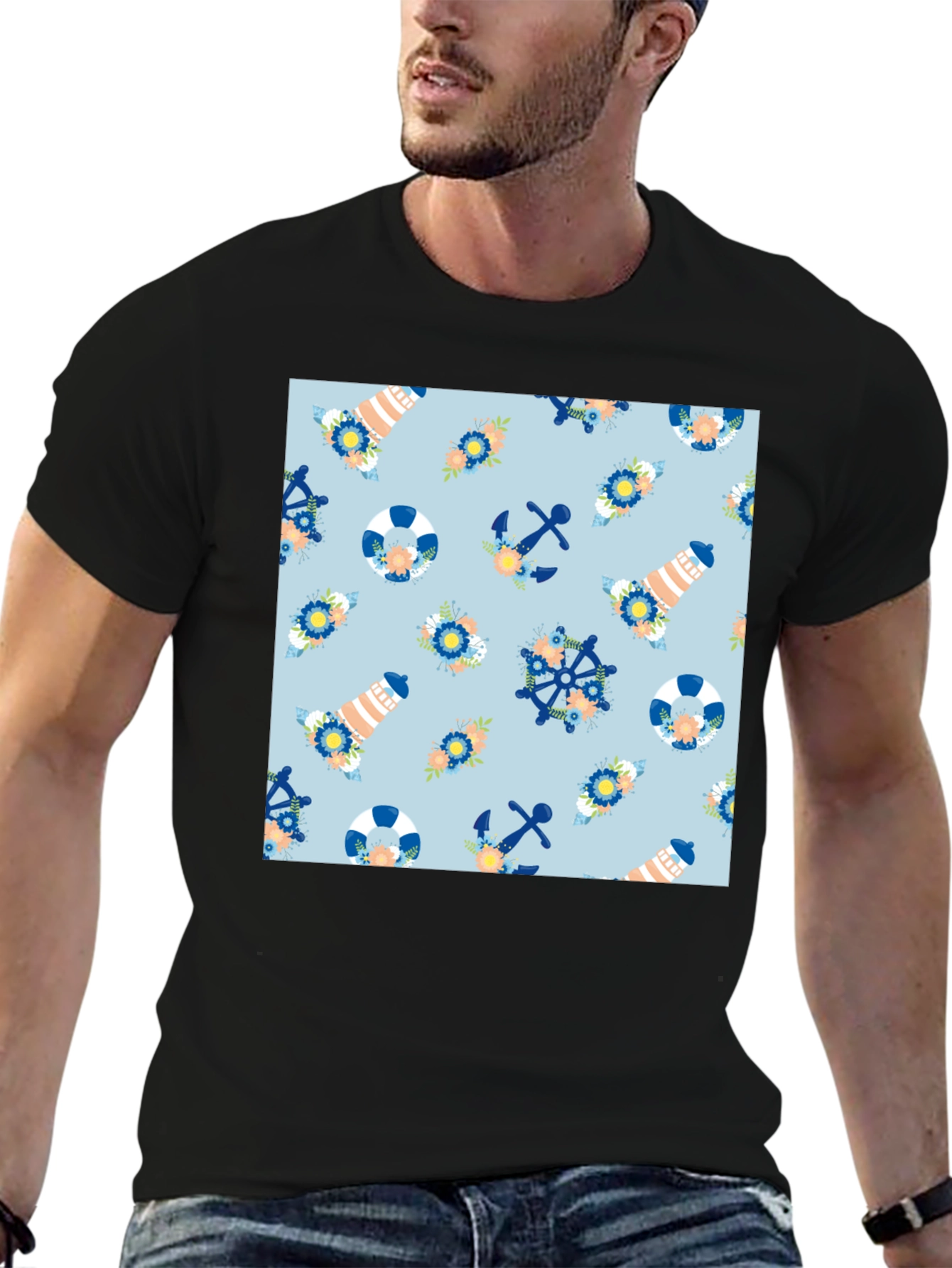 Black Nautical Pattern Black T-Shirt view 6