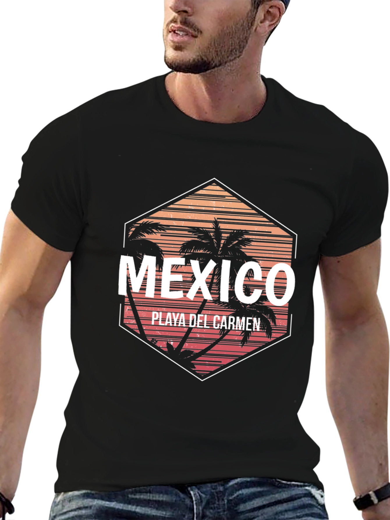 Black Mexico Playa Del Carmen Palm Tree Graphic T-Shirt view 6