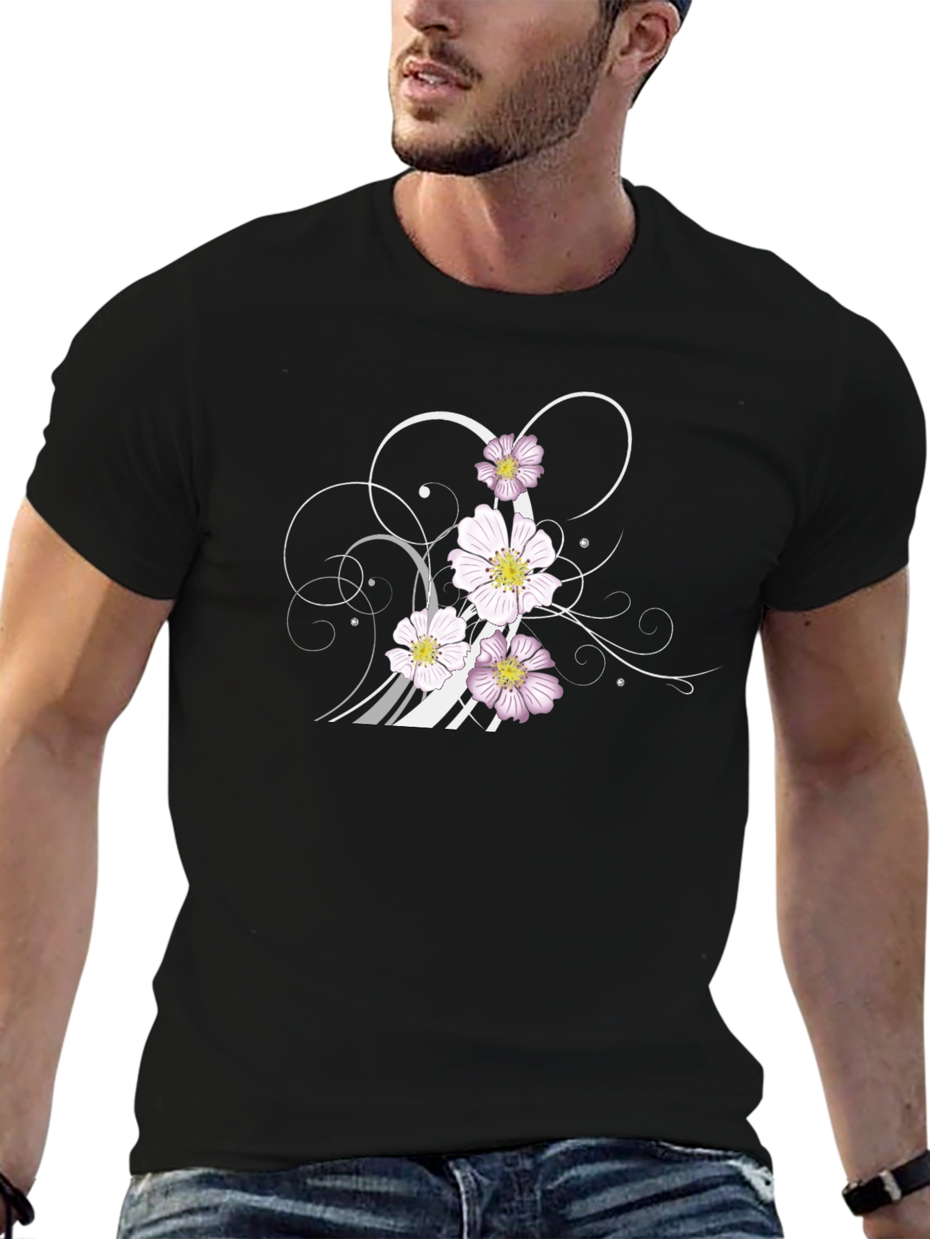 Black Floral Swirl Graphic Black T-Shirt view 6