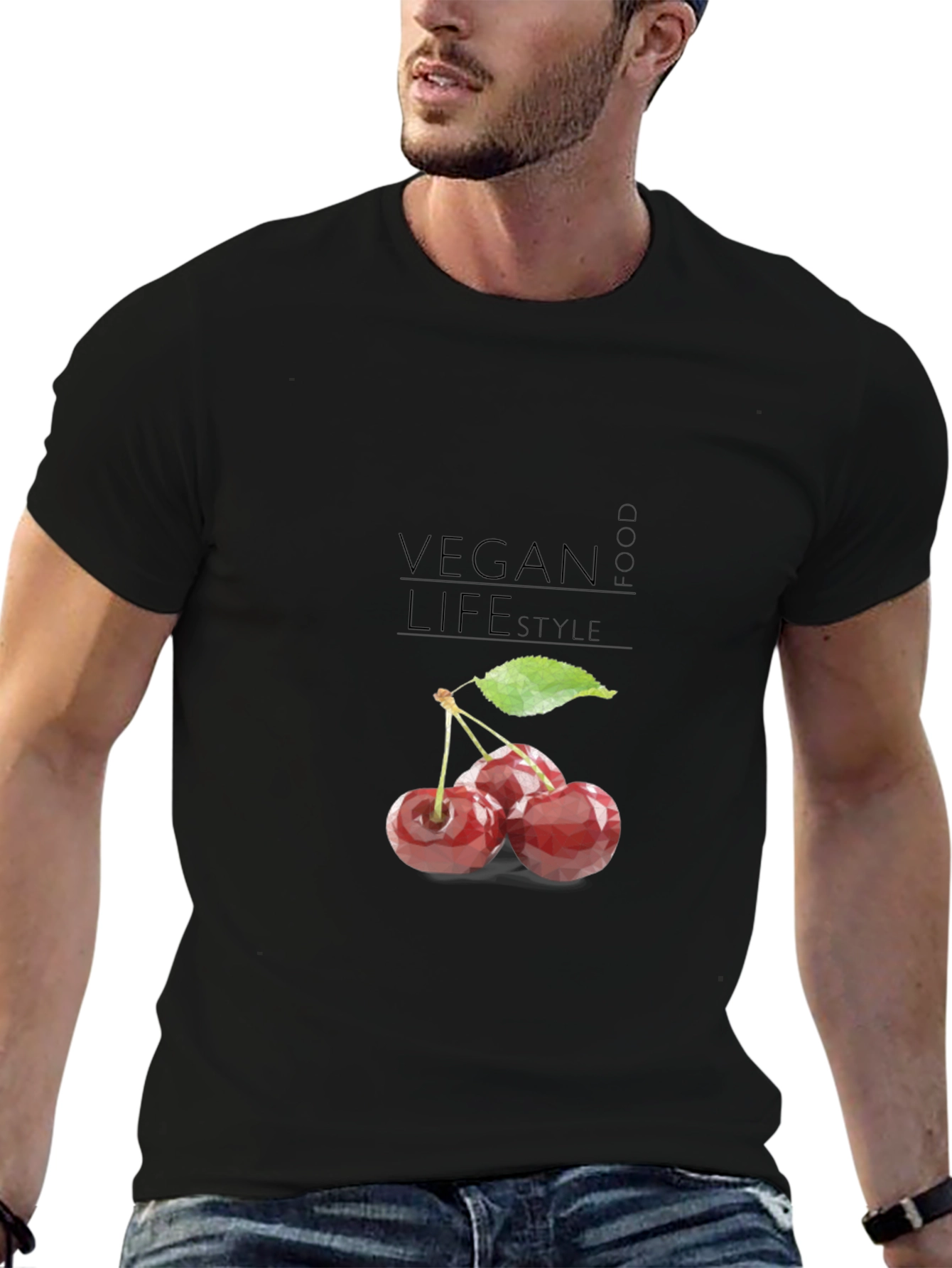 Black Vegan Cherry T-Shirt: Food Lifestyle Tee view 6