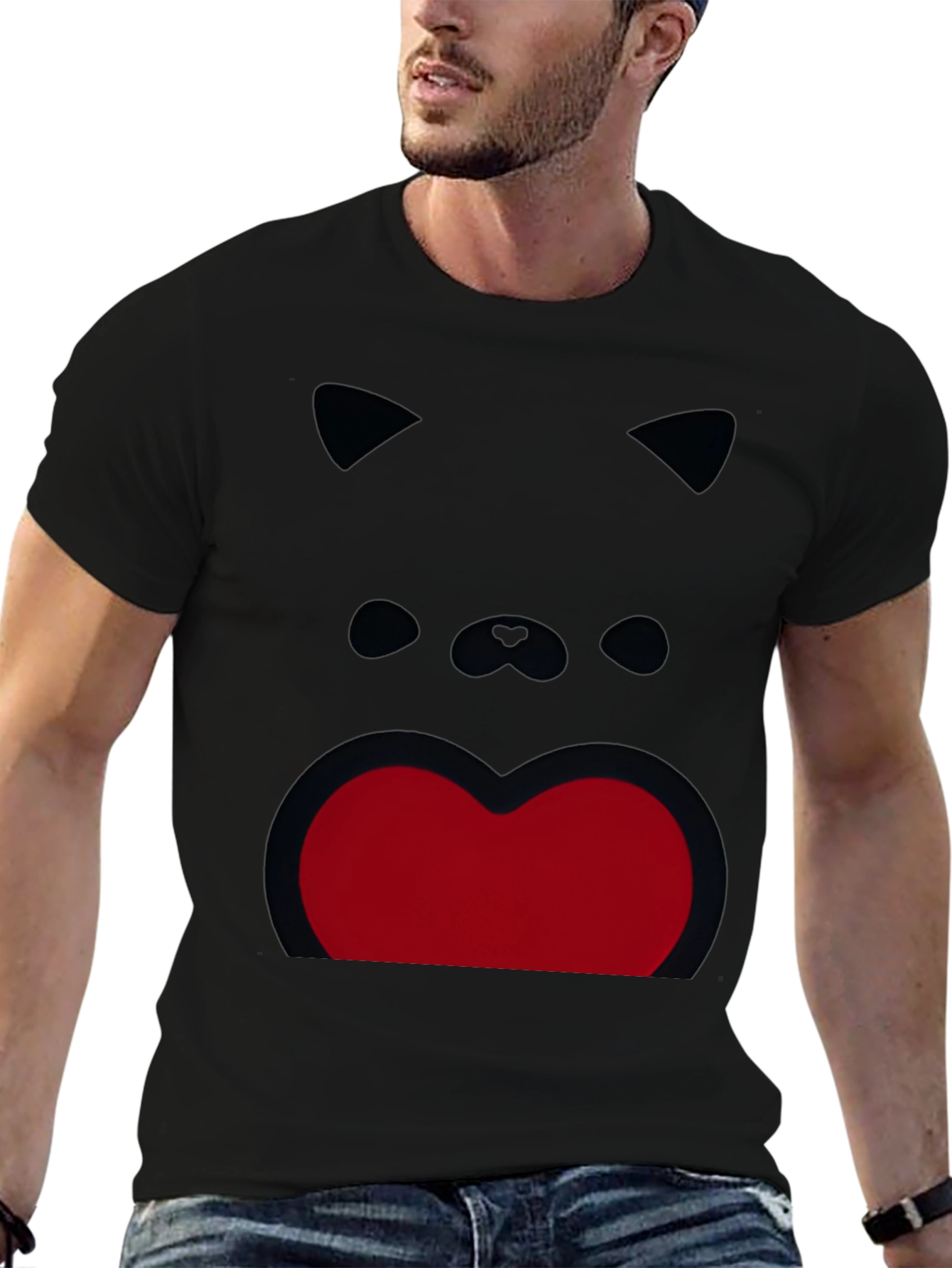 Black Funny Cat Face Graphic Print Black T-Shirt view 6