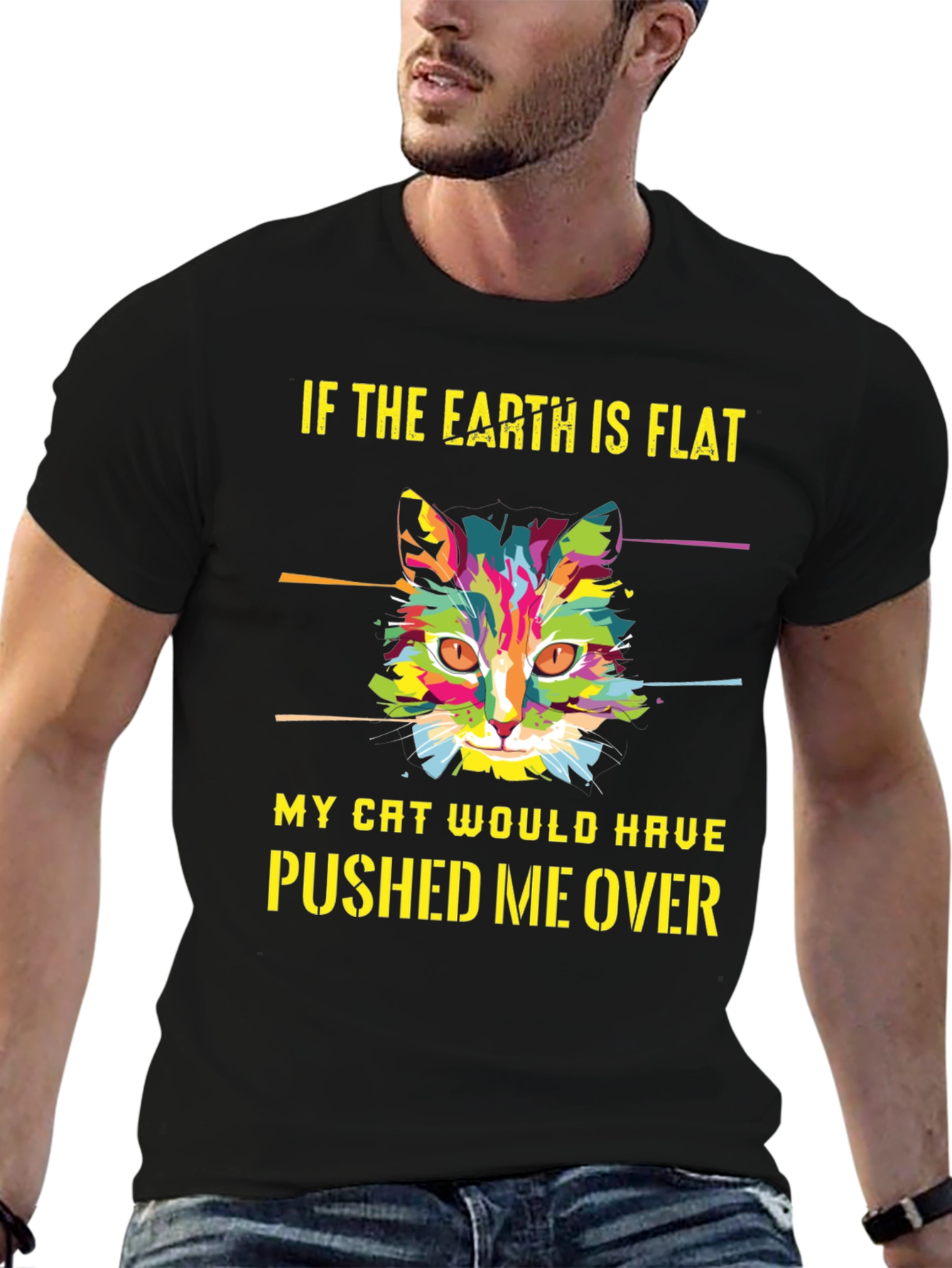 Black Flat Earth Cat T-Shirt - Funny Graphic Tee view 6