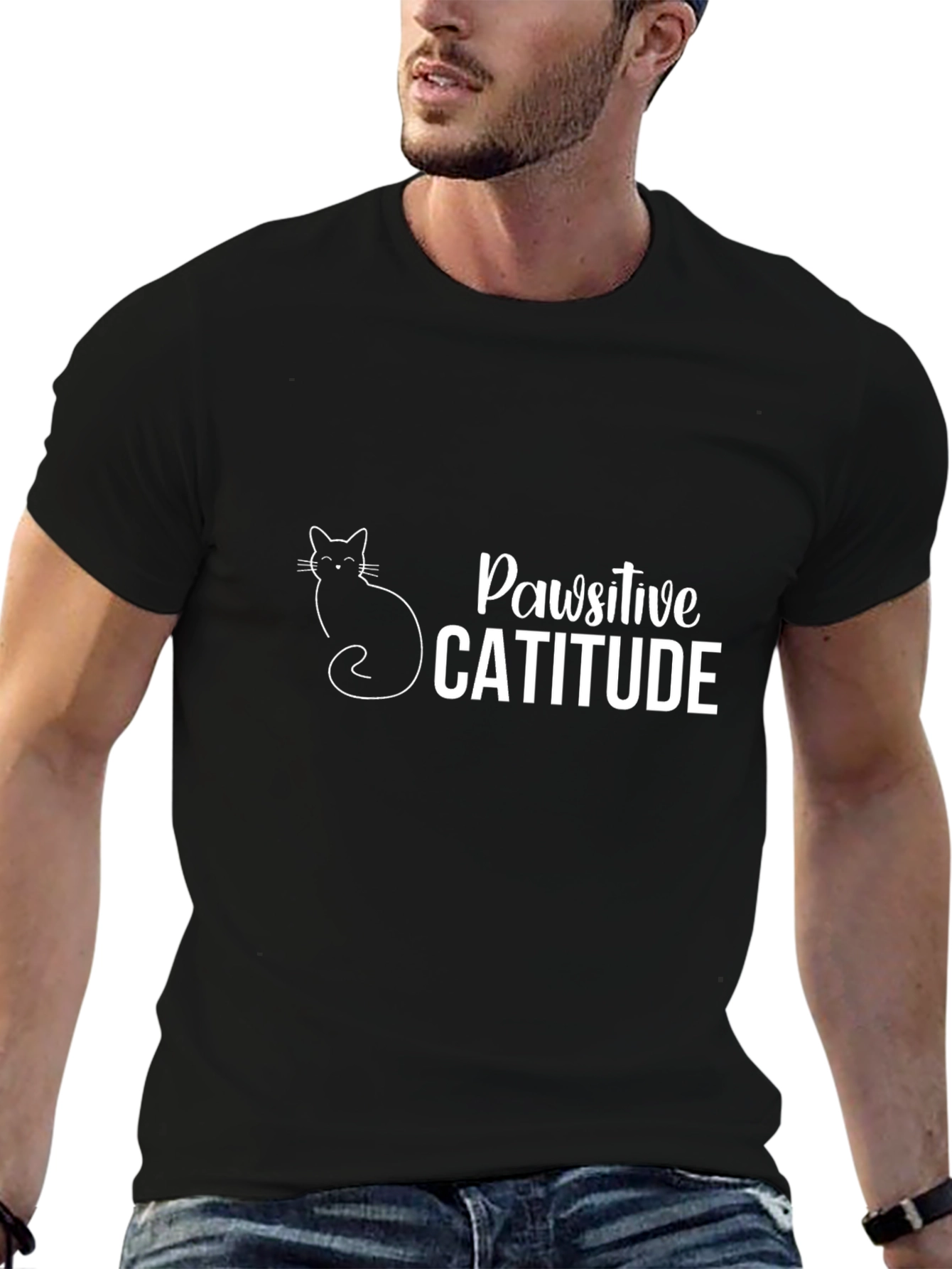 Black Pawsitive Catitude Graphic Tee - Black Cotton T-Shirt view 6