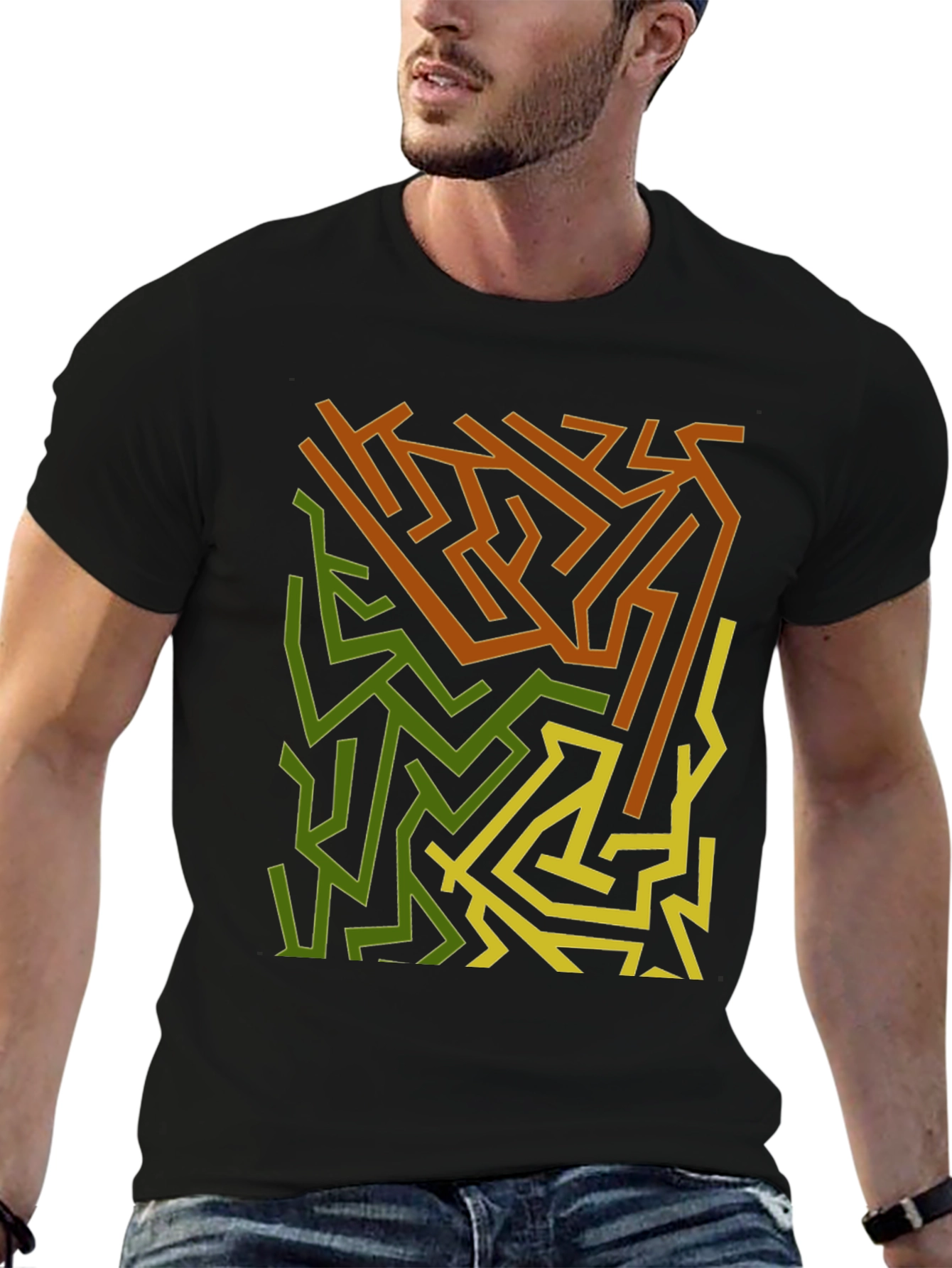 Black Abstract Maze Graphic Print Black T-Shirt view 6