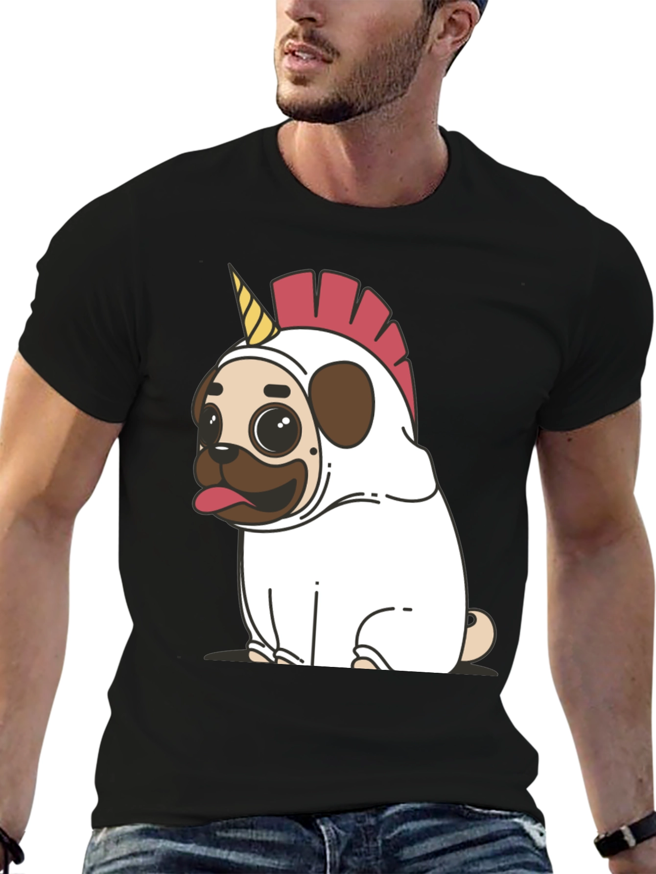 Black Unicorn Pug Black T-Shirt - Quirky & Fun! view 6