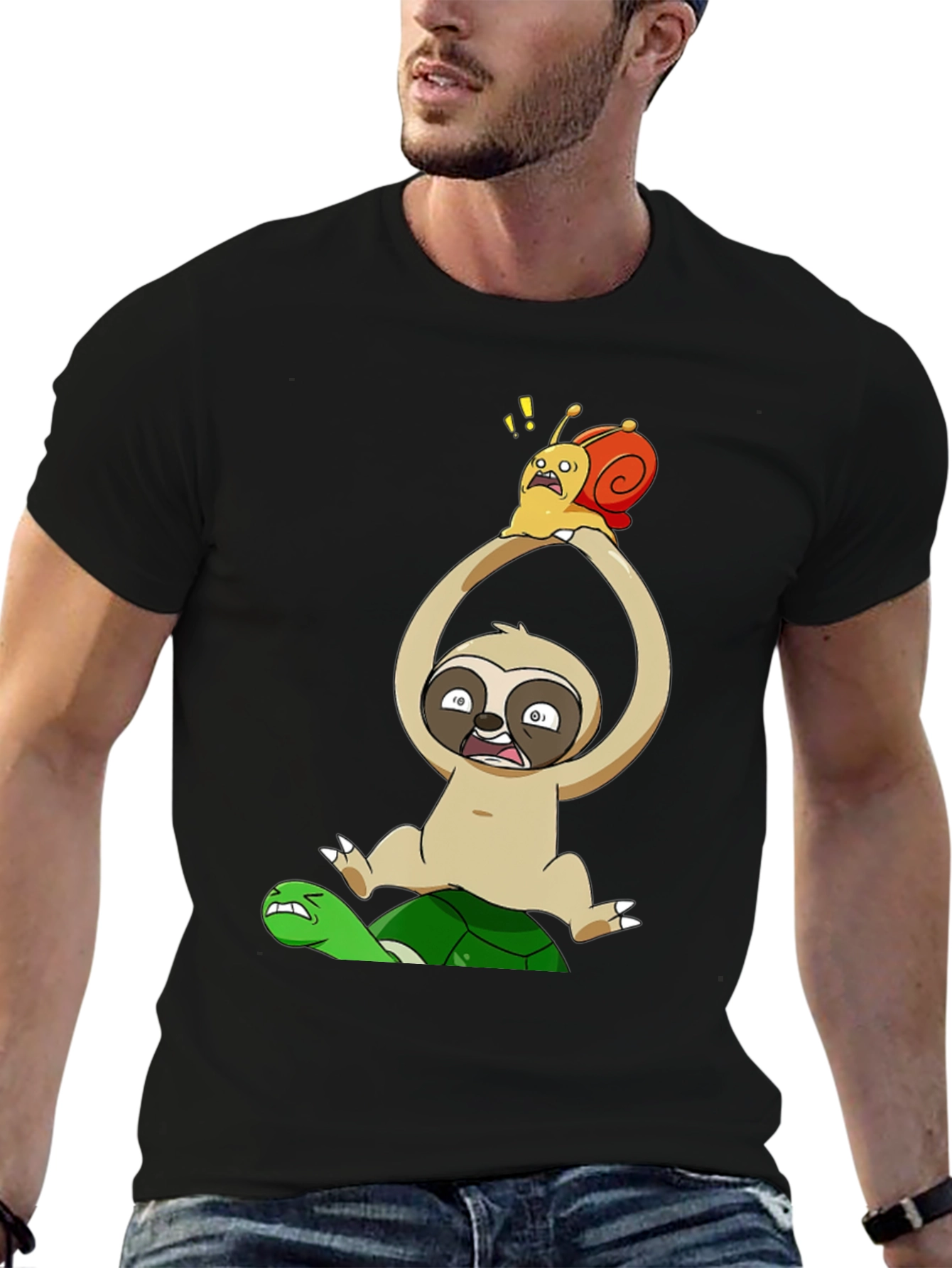 Black Funny Cartoon Animal T-Shirt: Sloth, Snail, Turtle view 6