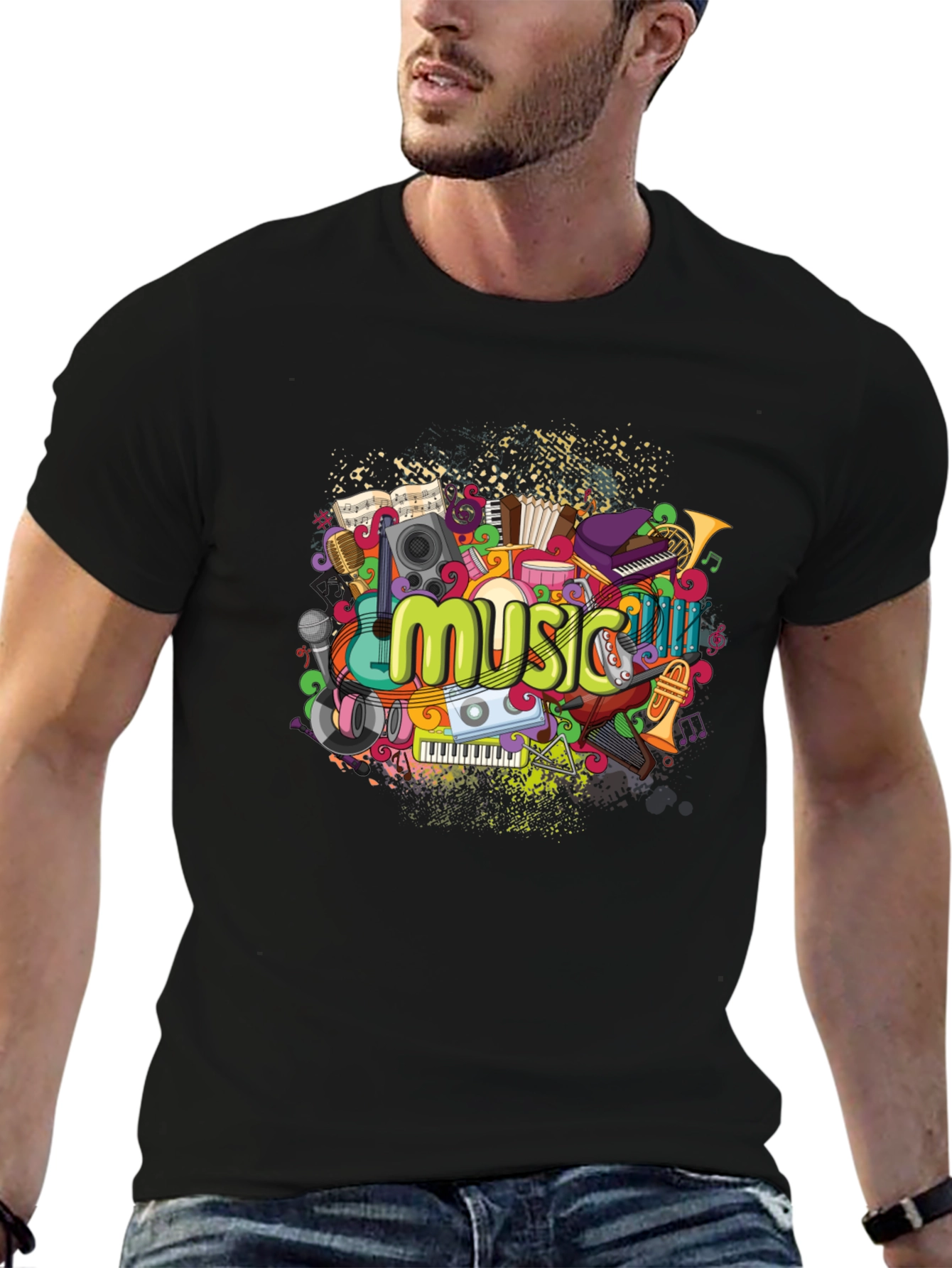 Black Music Lover's T-Shirt - Black Cotton Graphic Tee view 6