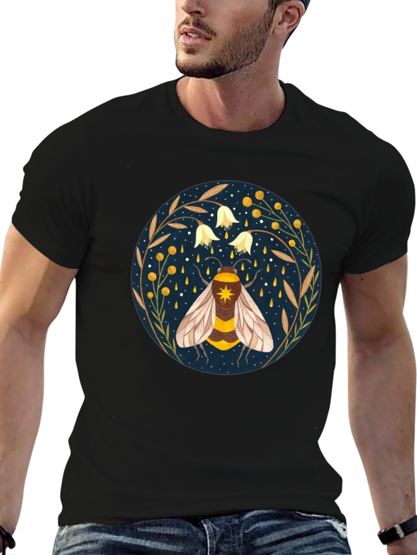 Black Enchanted Bee Graphic Tee - Celestial Honeycomb Design view 6