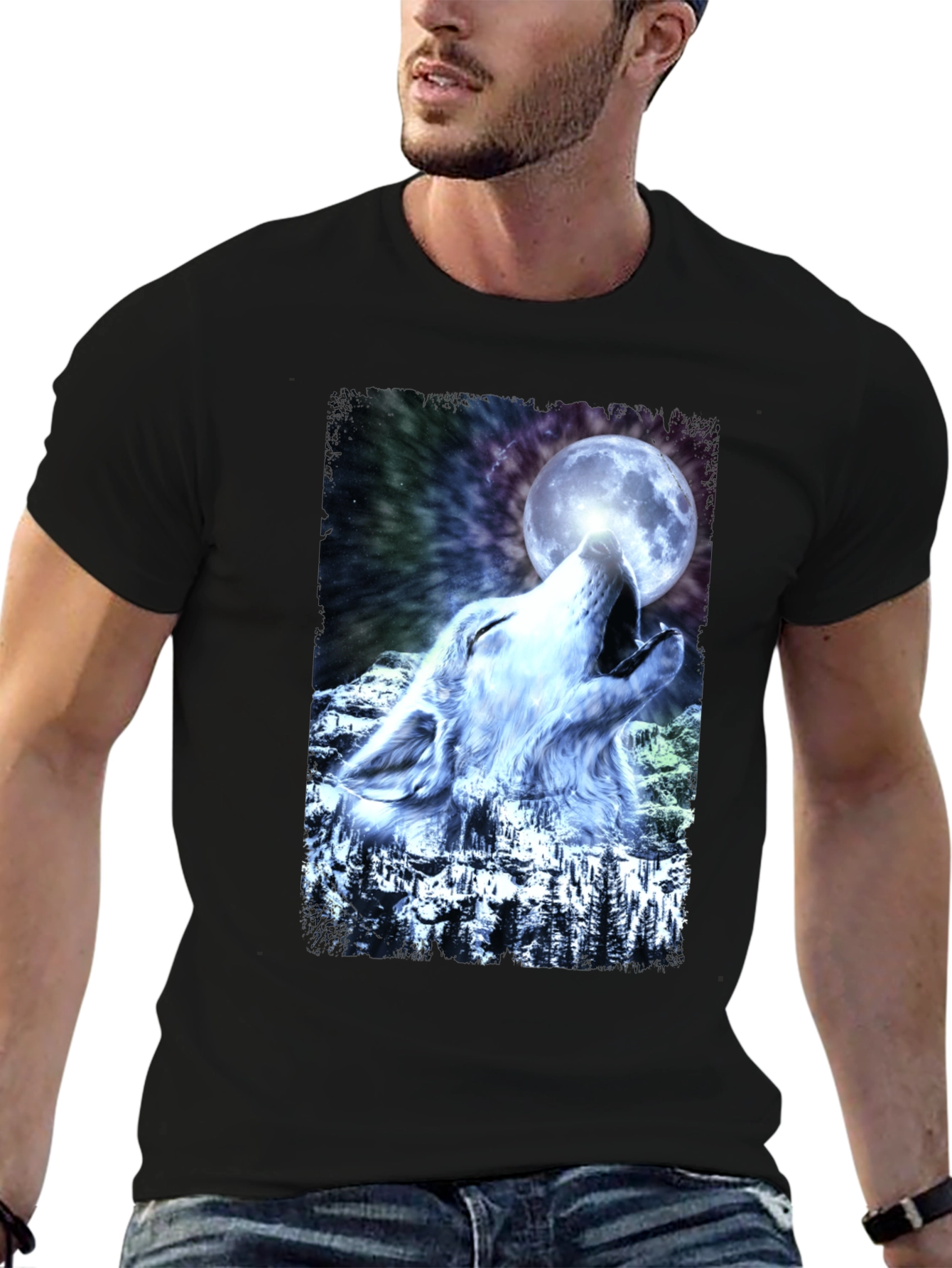 Black Wolf Howling Moon Graphic T-Shirt - Cool Design view 6