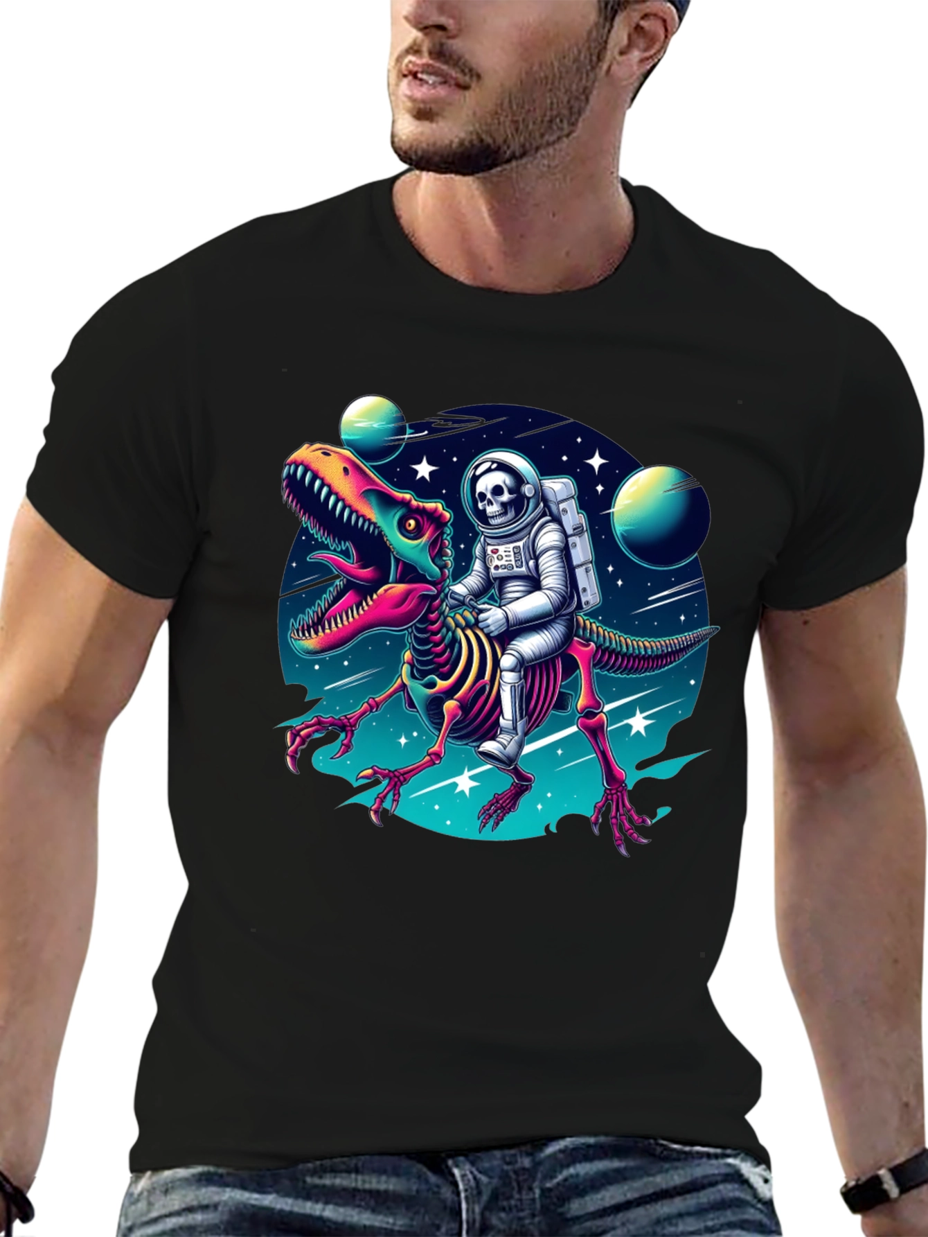 Black Astronaut Skeleton Riding Dinosaur Graphic Tee view 6