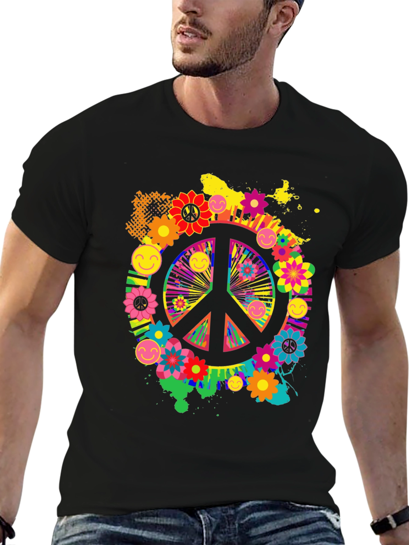 Black Groovy Peace Sign Graphic Tee - Retro Style view 6