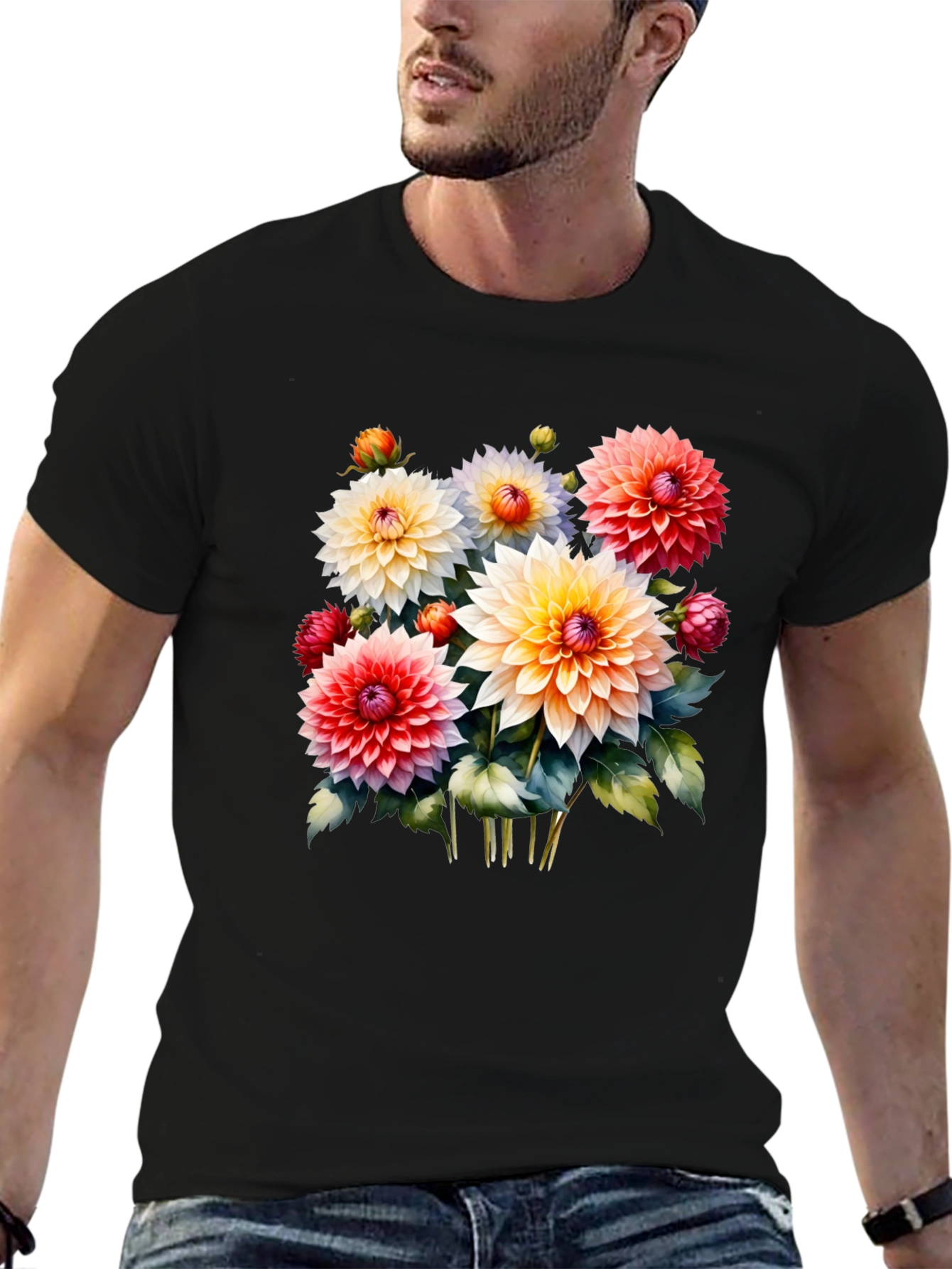 Black Floral Graphic Tee - Colorful Dahlia Design view 6
