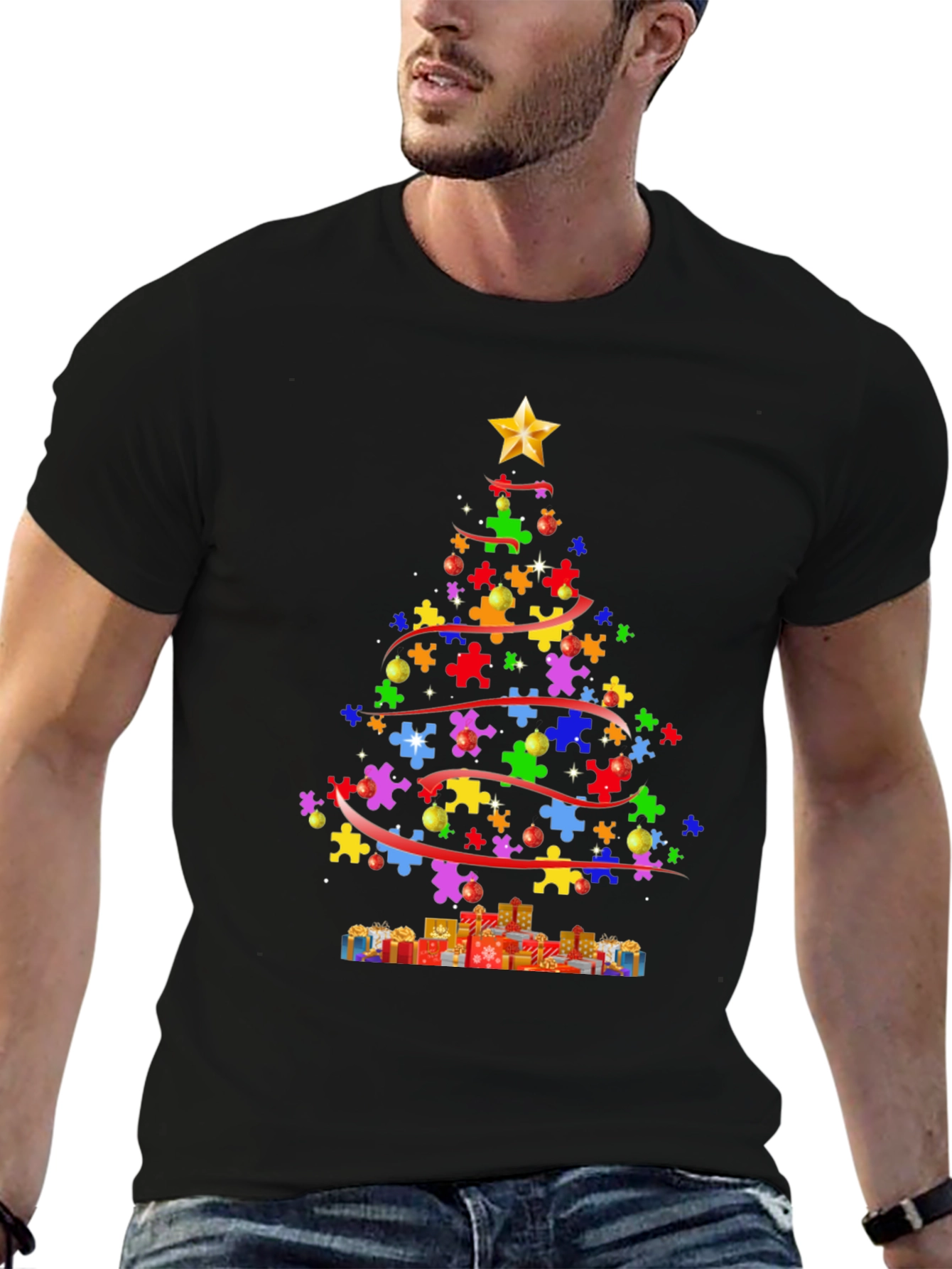 Black Puzzle Piece Christmas Tree T-Shirt view 6