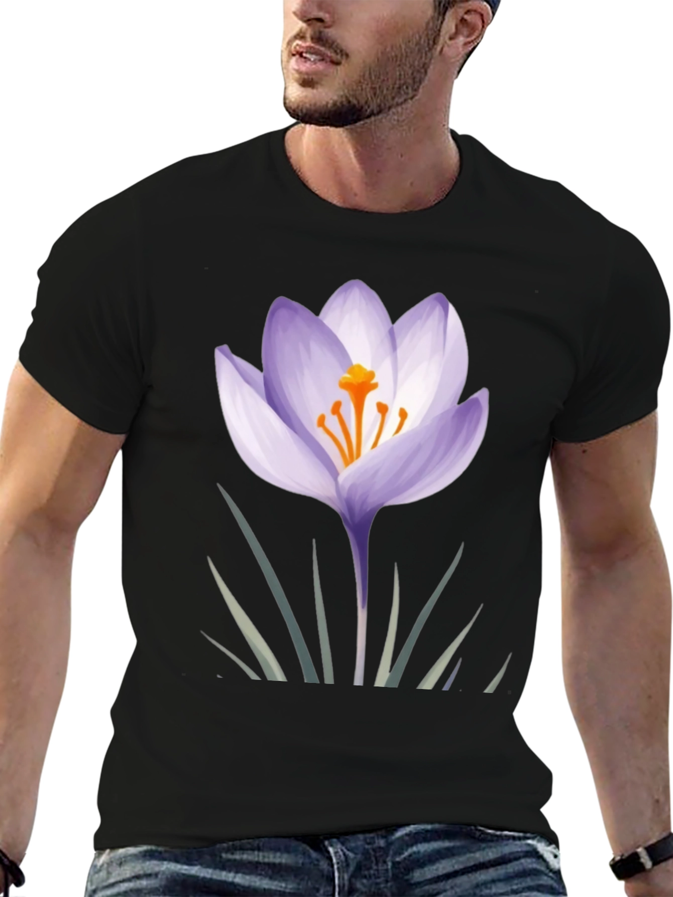 Black Crocus Flower Graphic Black T-Shirt view 6