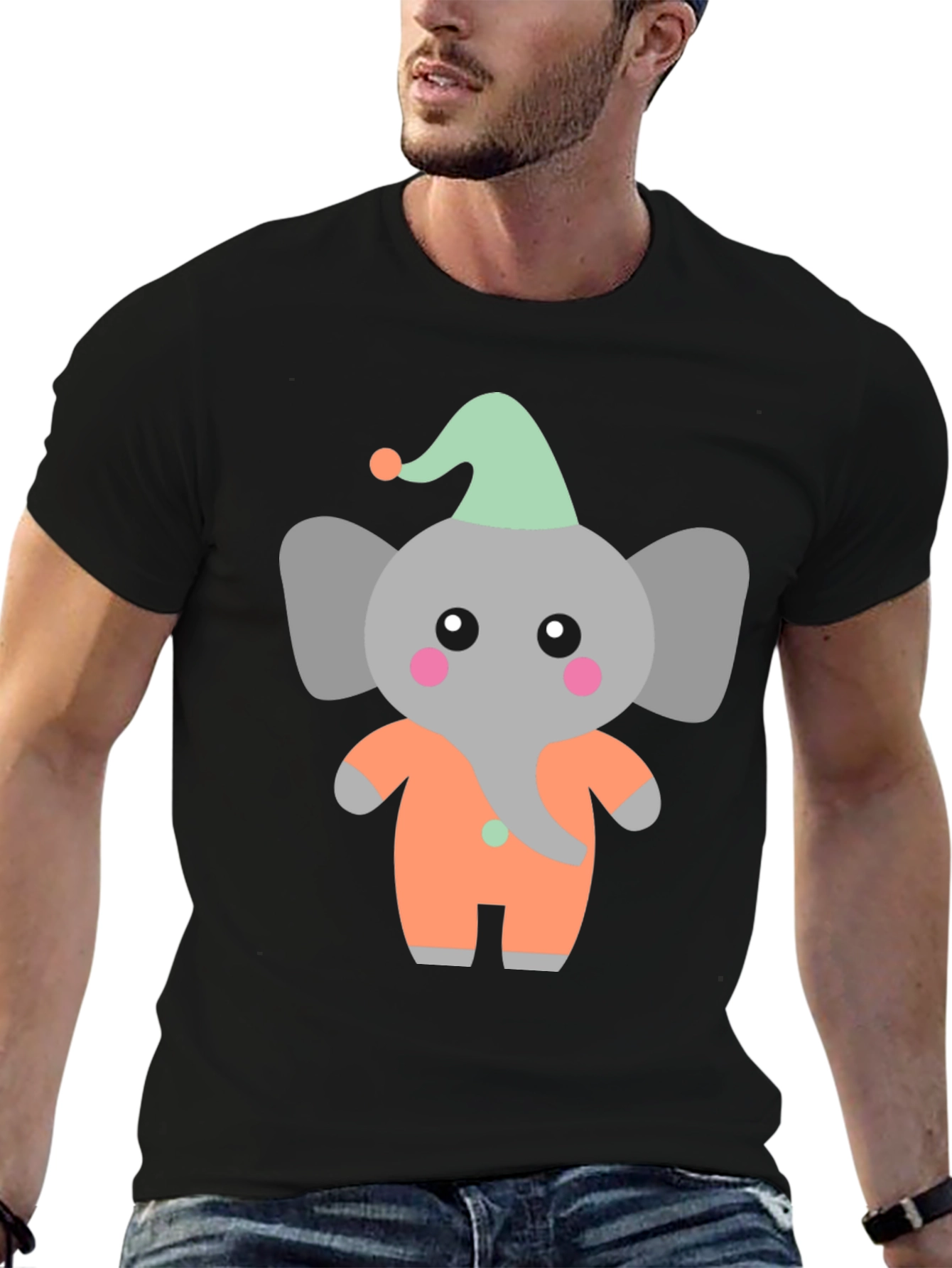 Black Cute Elephant Cartoon Black T-Shirt view 6