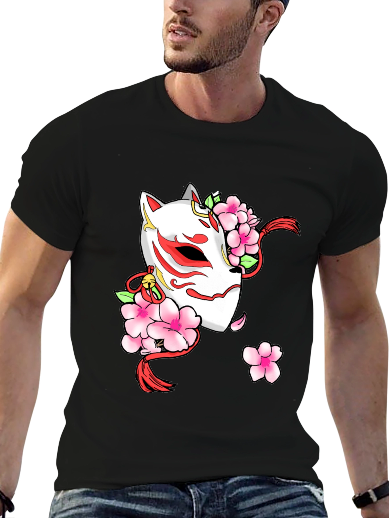Black Sakura Kitsune Mask Graphic Tee - Black view 6