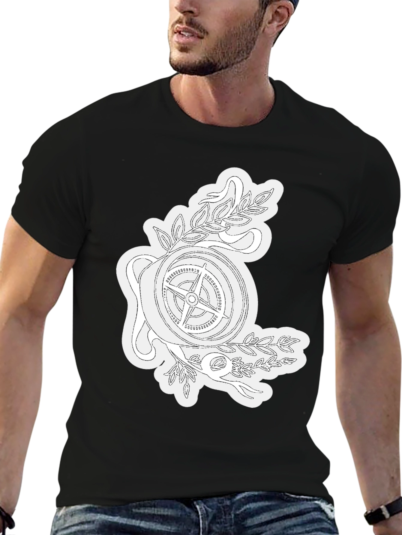 Black Compass Rose Graphic Tee - Black Cotton T-Shirt view 6