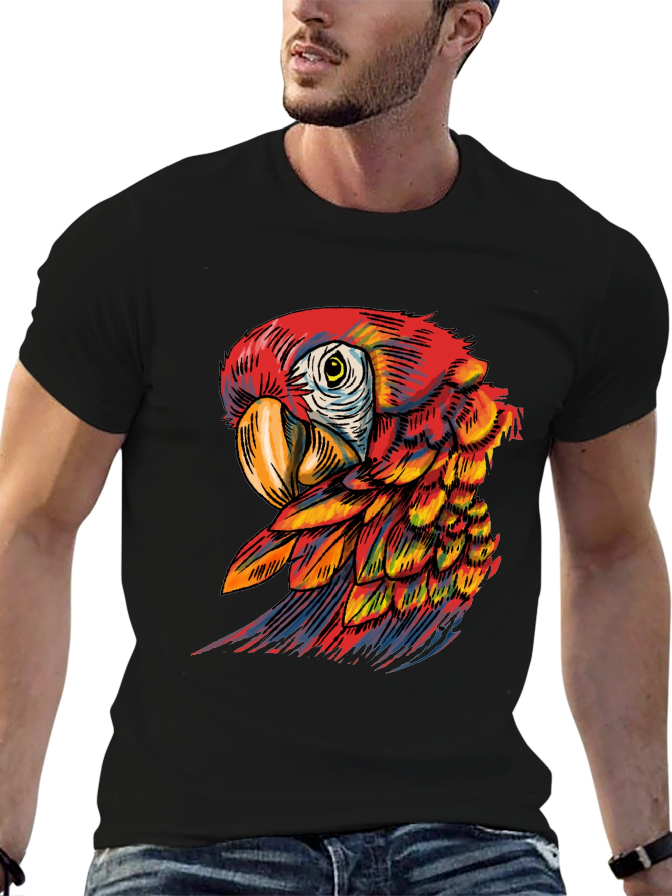 Black Vibrant Parrot Graphic Tee - Soft Black Cotton Blend view 6
