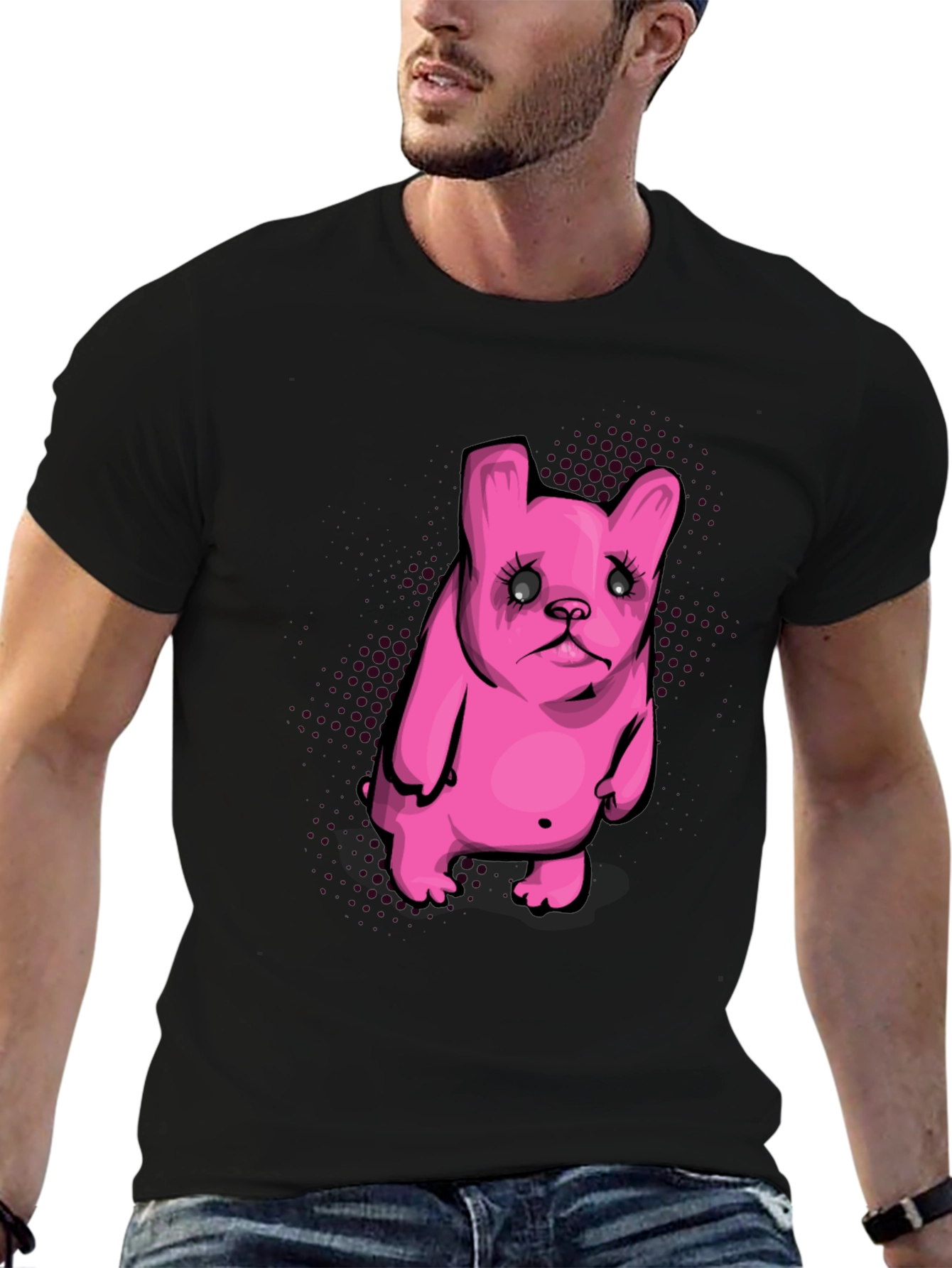 Black Pink Cartoon Dog Graphic Black T-Shirt view 6