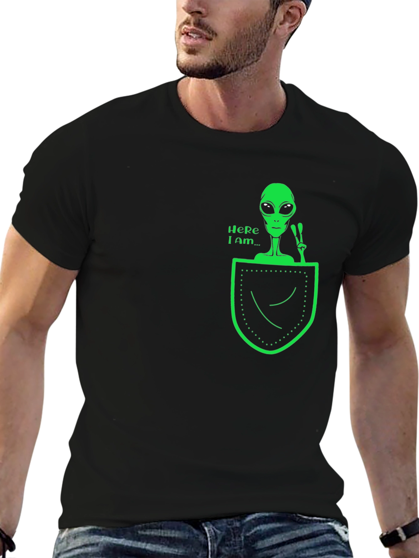 Black Alien in Pocket Graphic Tee - Black Cotton T-Shirt view 6