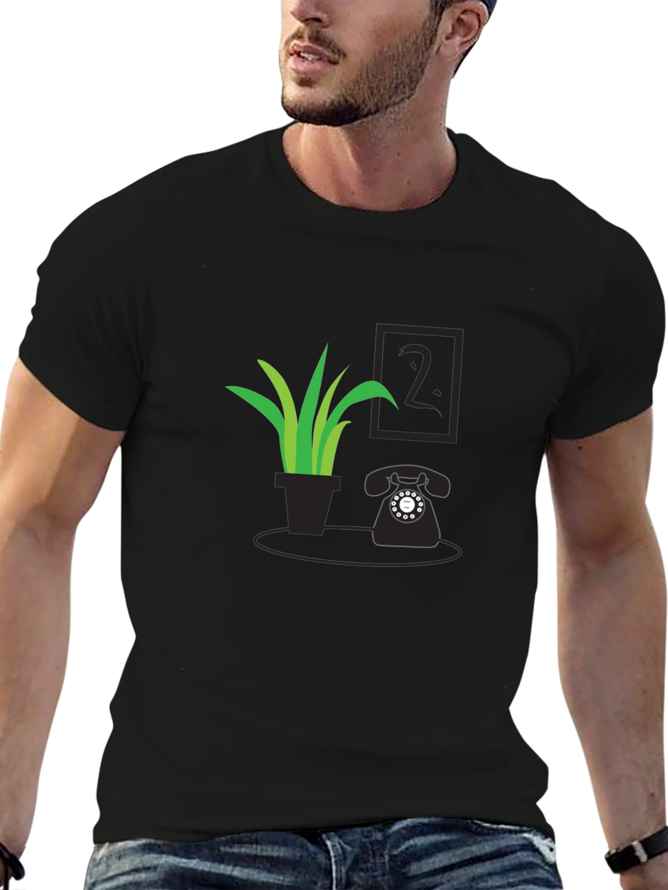 Black Plant & Rotary Phone Black Graphic Tee view 6