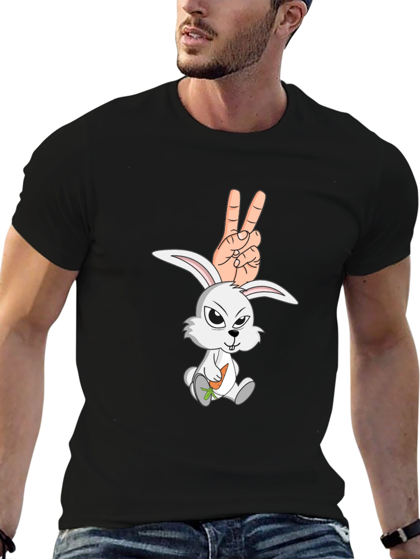 Black Cool Rabbit Peace Sign Graphic Black T-Shirt view 6