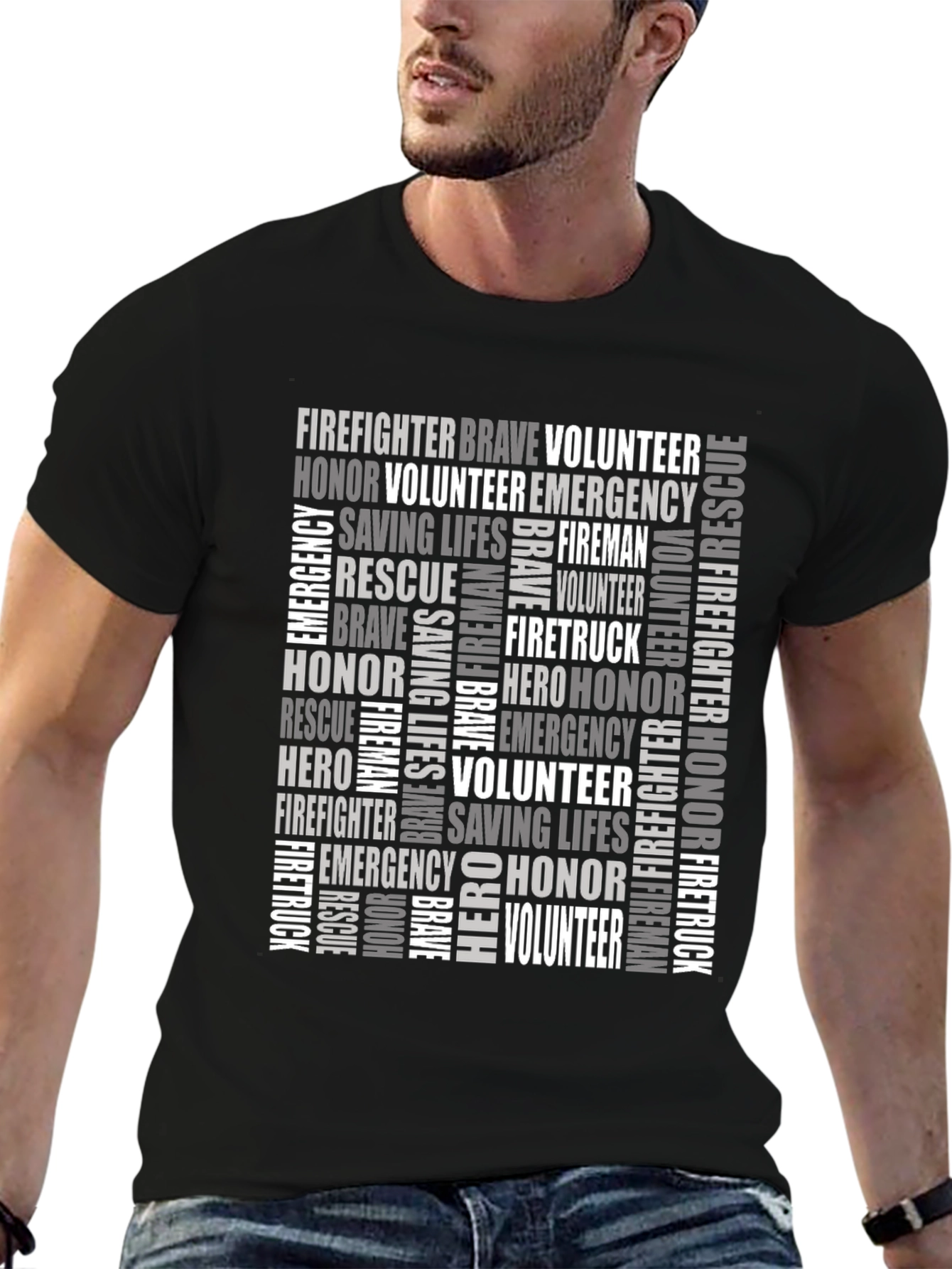 Black Firefighter Word Art T-Shirt - Heroic Tribute Tee view 6