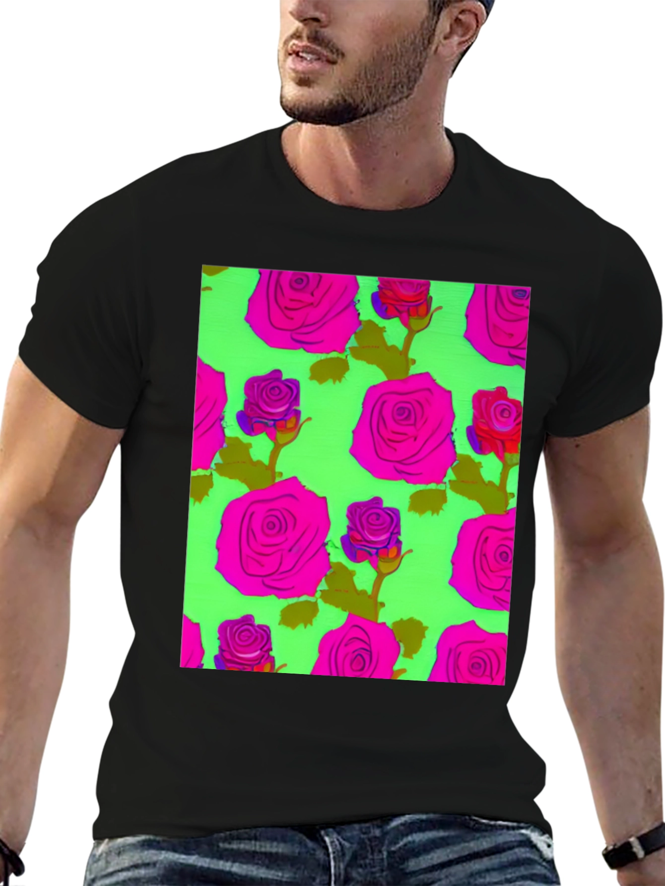 Black Vibrant Floral Rose Pattern Tee - Trendy Graphic T-Shirt view 6