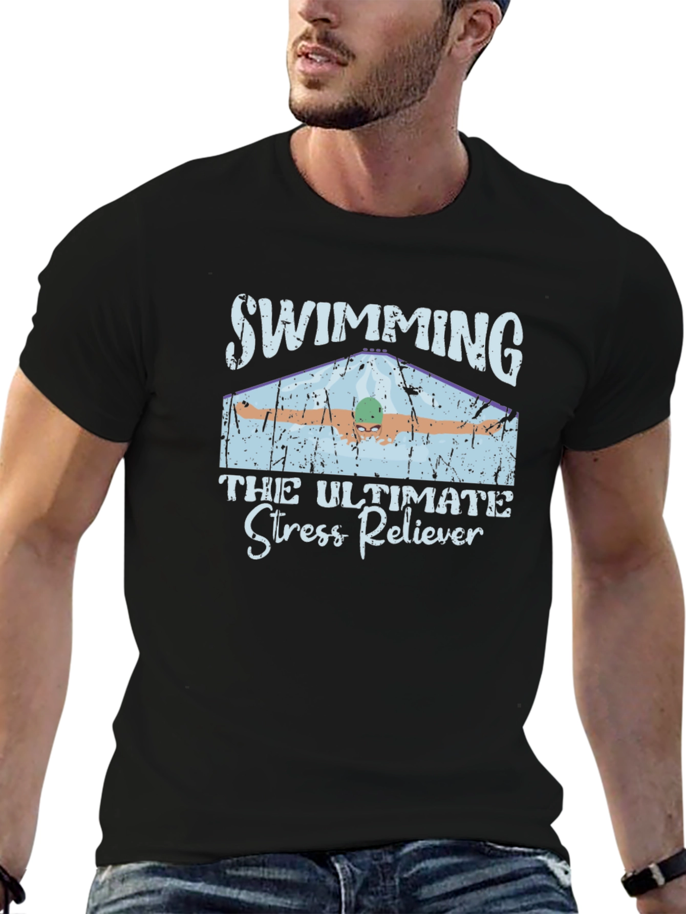 Black Swimming Stress Reliever Black T-Shirt view 6