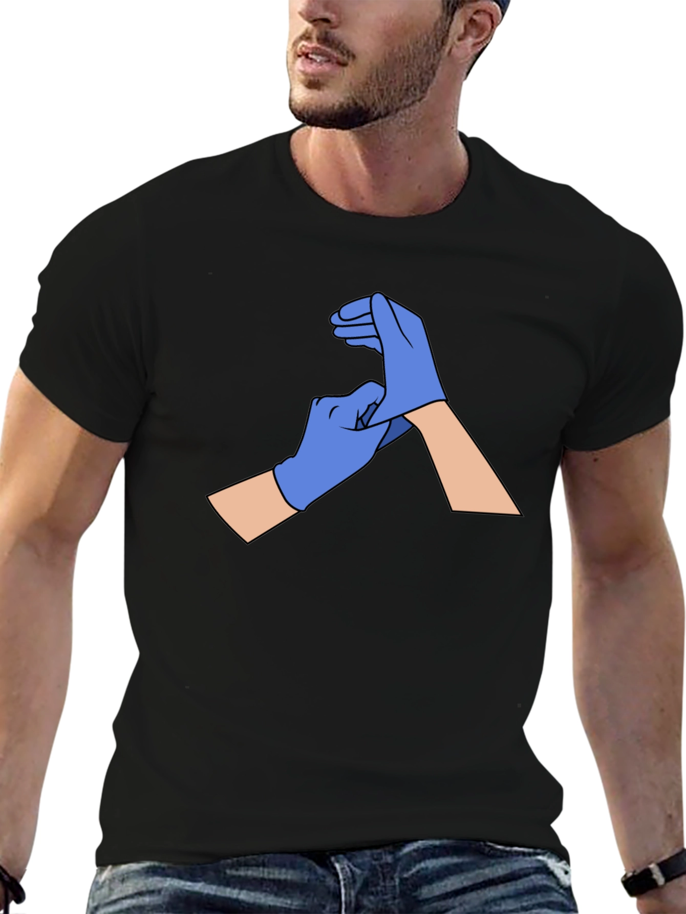 Black Gloved Hands Graphic Tee - Black Cotton T-Shirt view 6