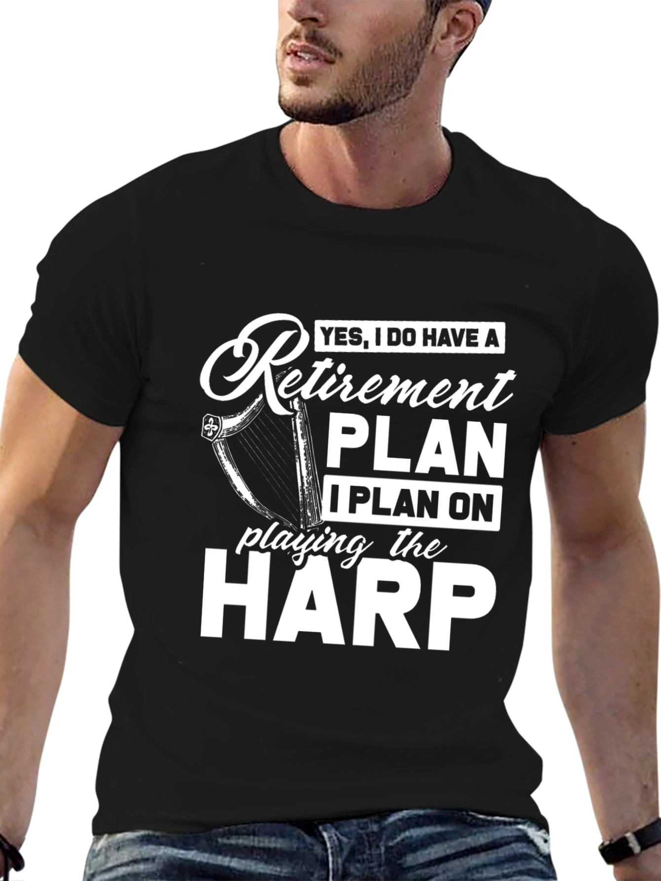 Black Retirement Plan Harp Player Black T-Shirt view 6