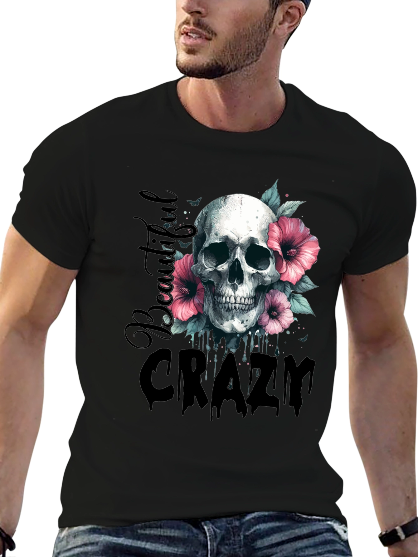 Black Skull & Flowers Graphic Tee - Beautiful Crazy Design view 6