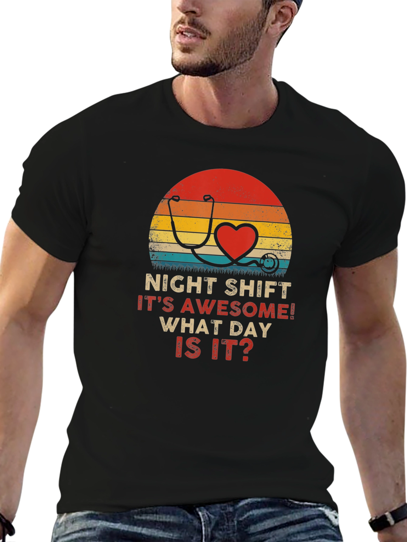 Black Night Shift Nurse Stethoscope Heart Retro T-Shirt view 6
