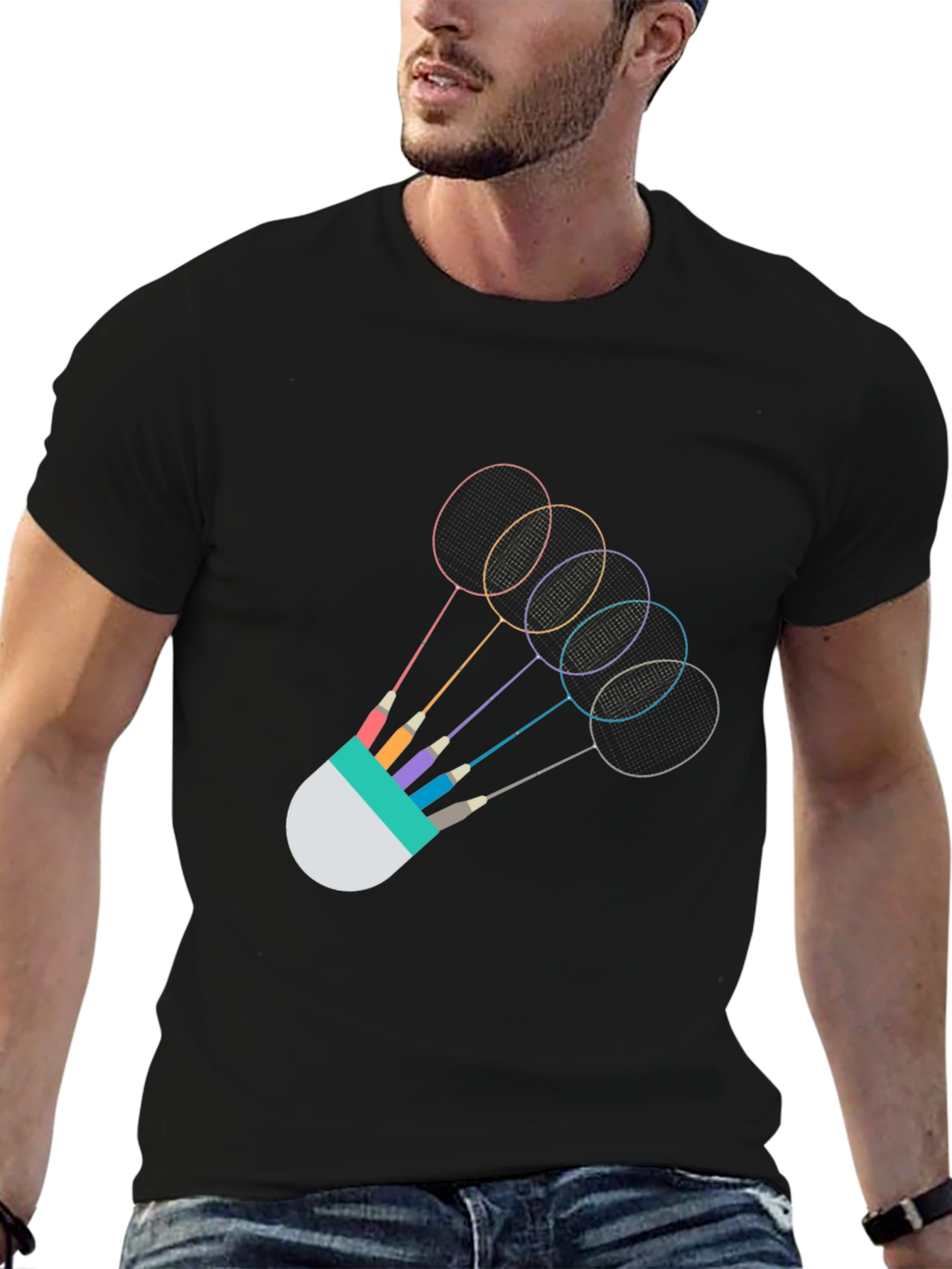 Black Badminton Rackets Graphic Tee - Unique Sportswear view 6